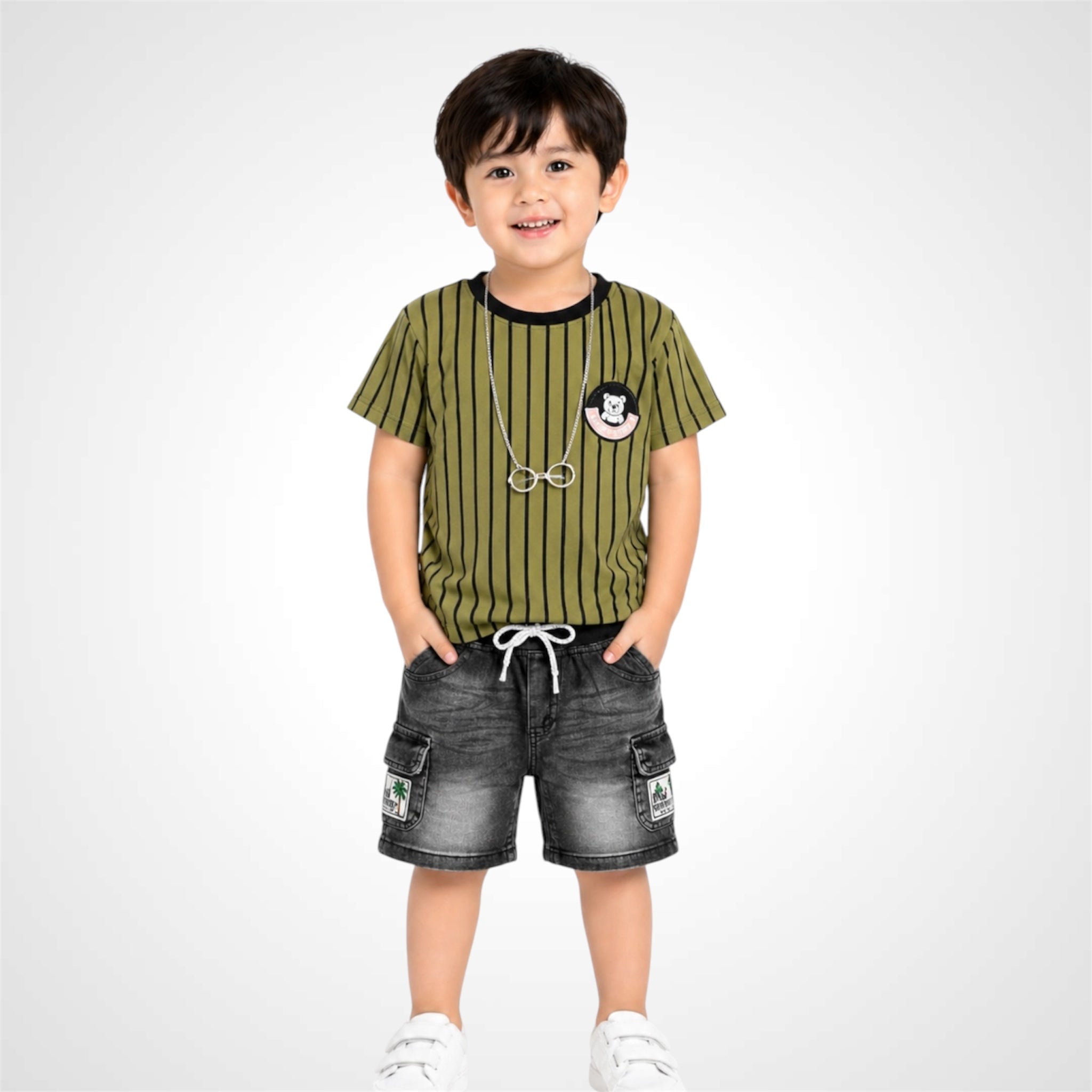 Kids Trendy Vertical Striped T-Shirt and Denim Cargo Short - 2 Piece Summer Outfit