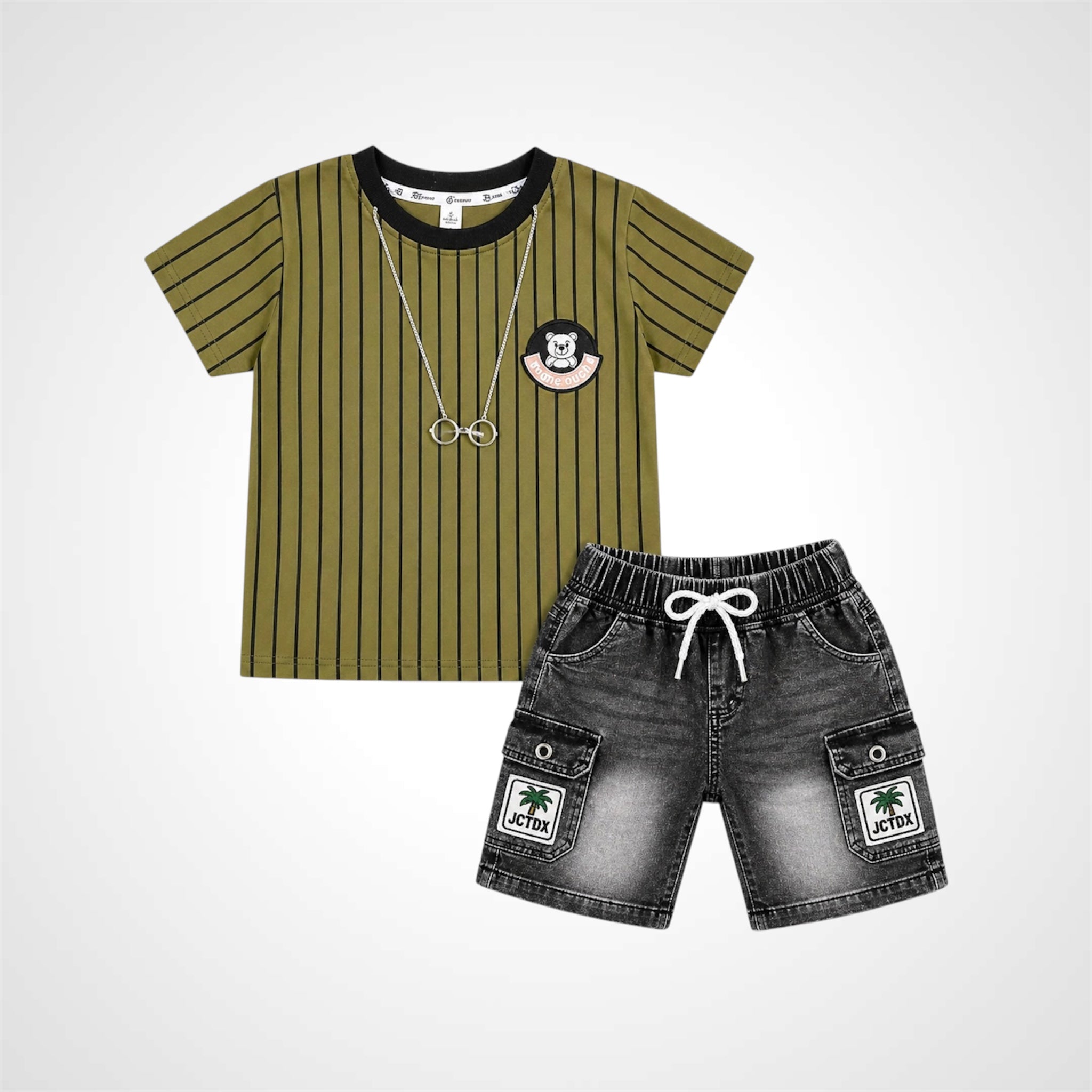 Kids Trendy Vertical Striped T-Shirt and Denim Cargo Short - 2 Piece Summer Outfit