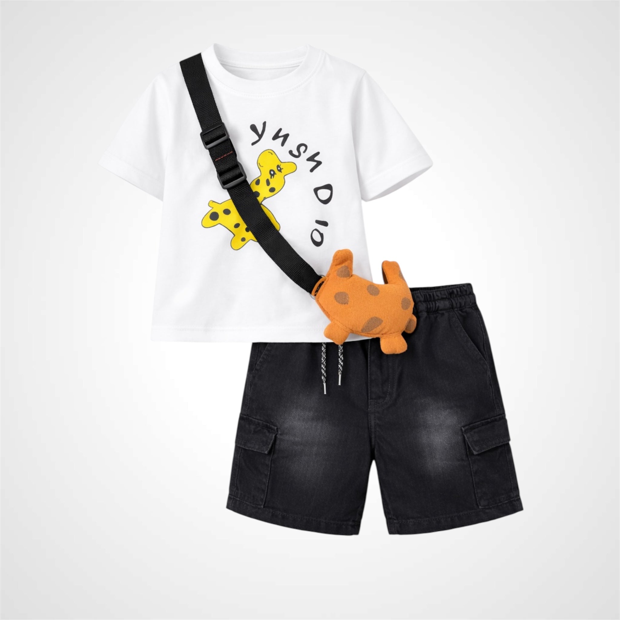 Kids Two-Piece Summer Outfit with Decorative Plush Toy Bag