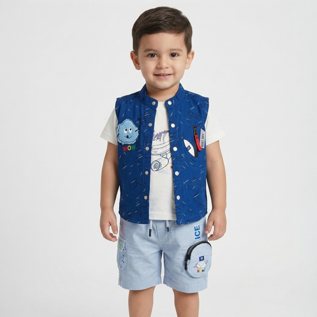 Child wearing a blue vest with cartoon designs on a white background