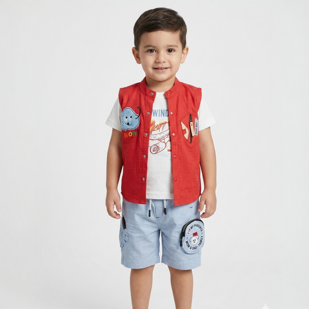 Child wearing a red vest over a white shirt with teddy bear design, light blue shorts, and a white background.
