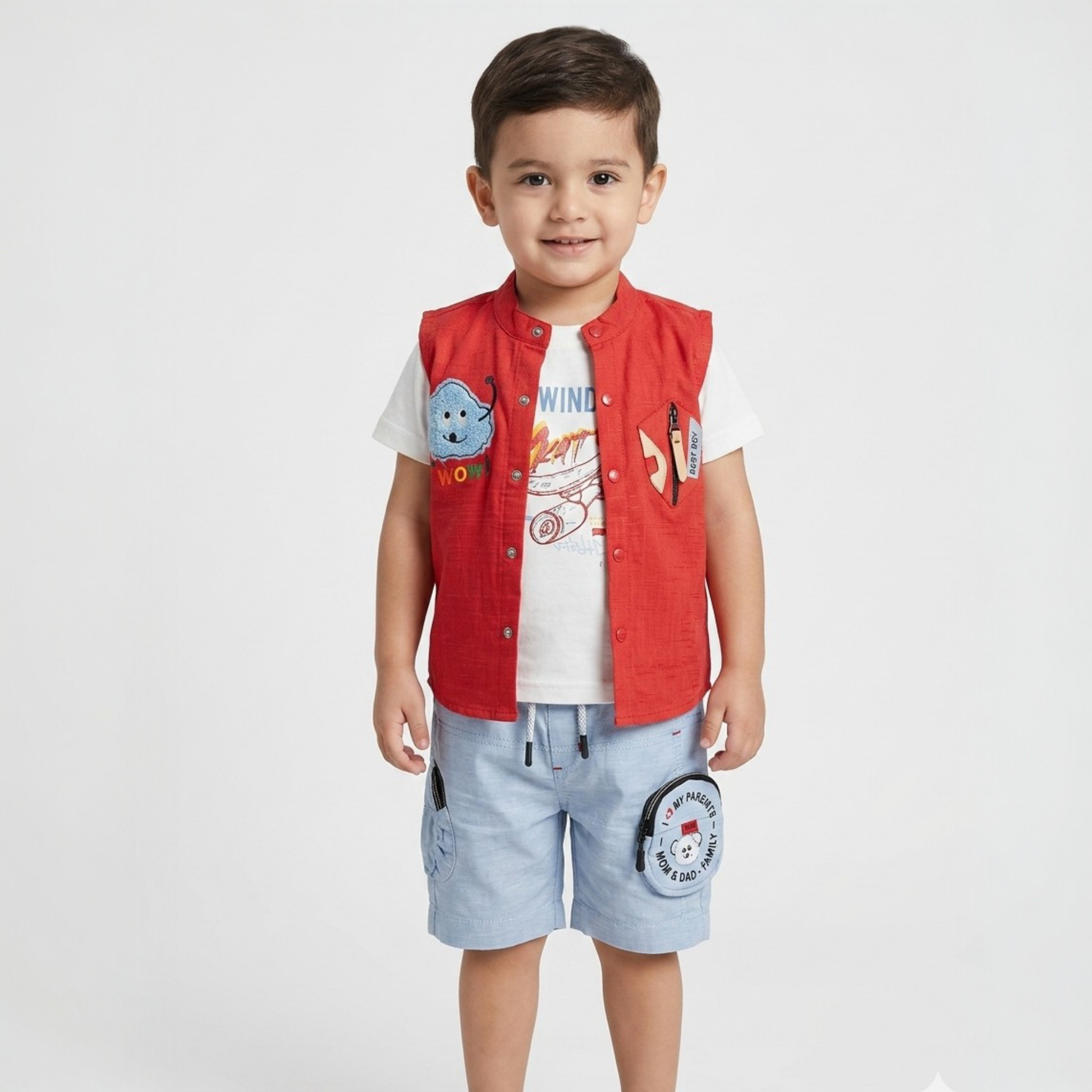 Child wearing a red vest over a white shirt with teddy bear design, light blue shorts, and a white background.