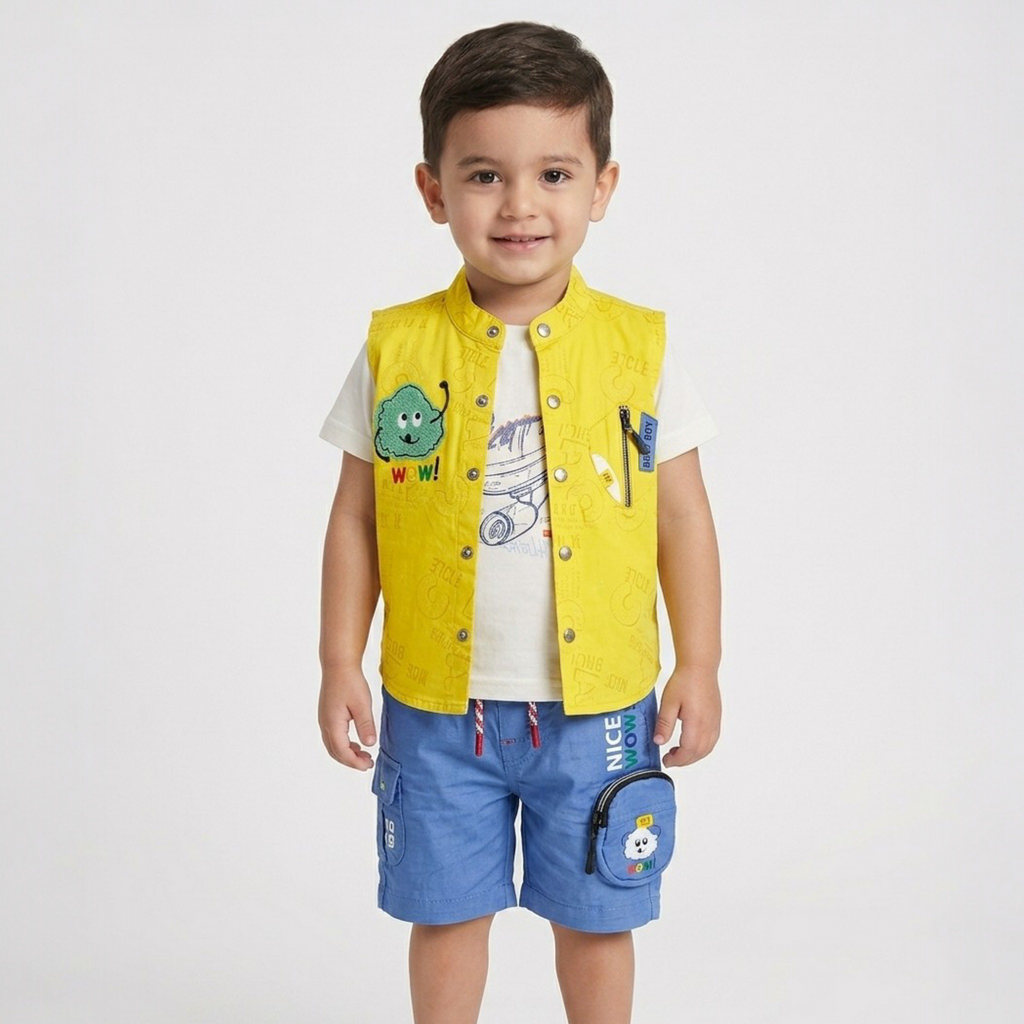 Child wearing a yellow vest, white shirt with cartoon design, and blue shorts on a light gray background