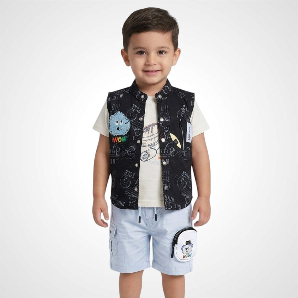 Child wearing a black patterned vest with cartoon characters on a white background