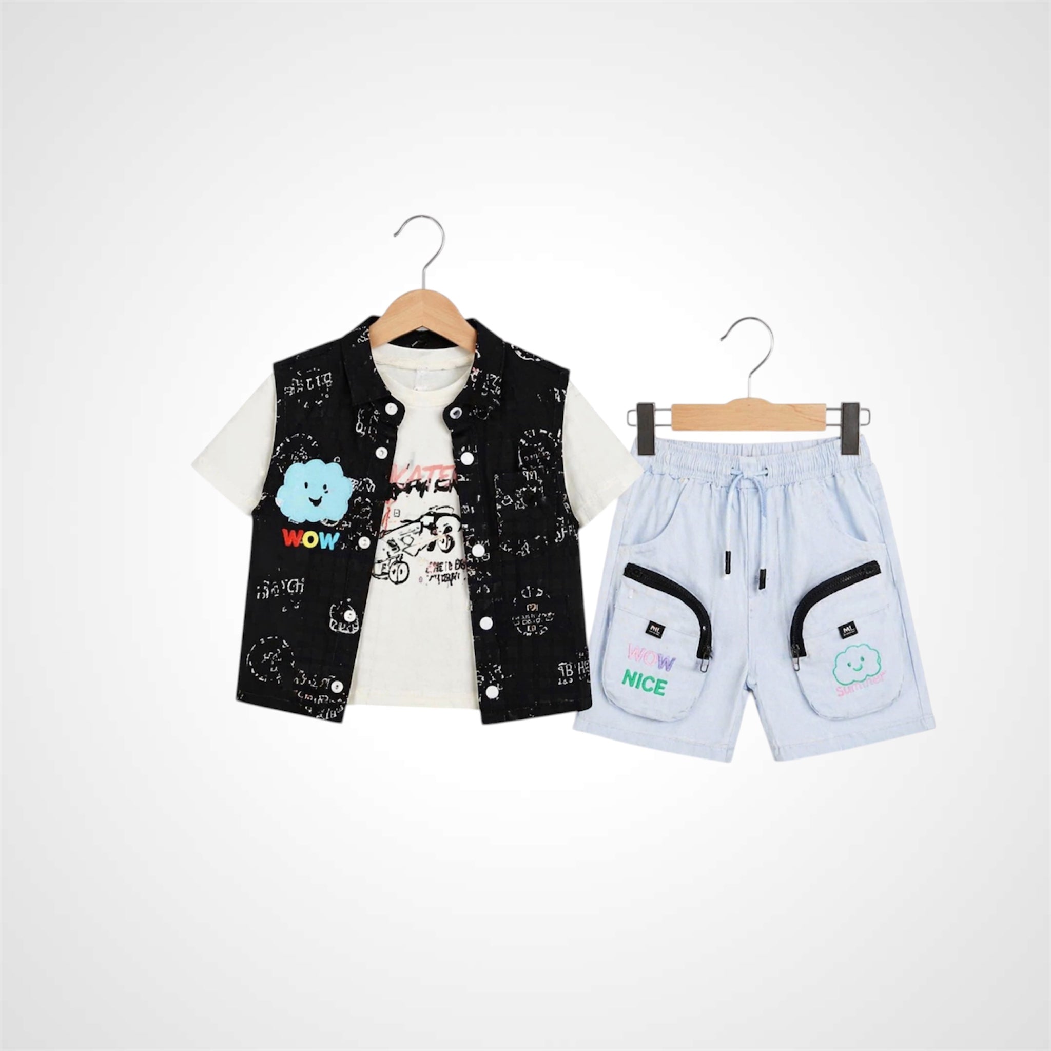 Children's clothing set with vest, shirt, and shorts on hangers against a white background