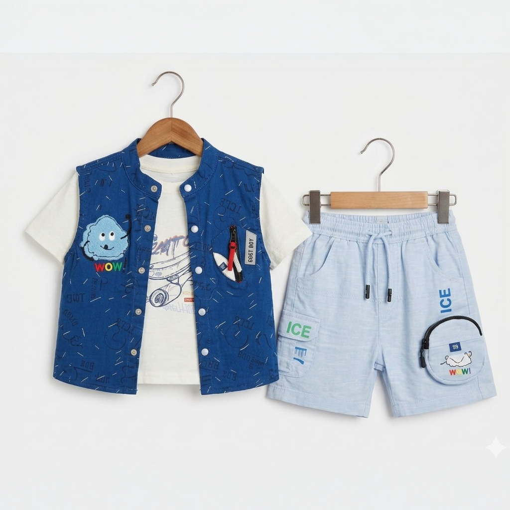 Children's clothing set with blue vest, white shirt, and light blue shorts on hangers against a white background.