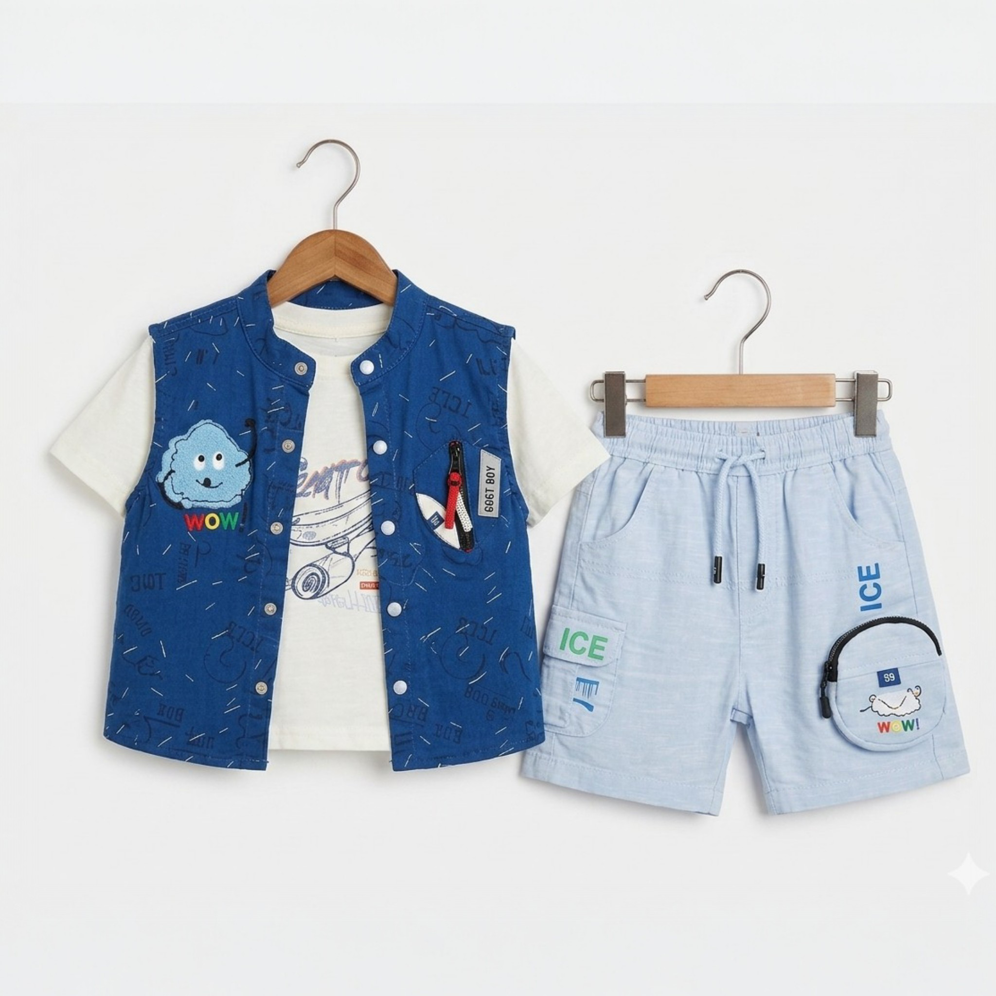 Children's clothing set with blue vest, white shirt, and light blue shorts on hangers against a white background.