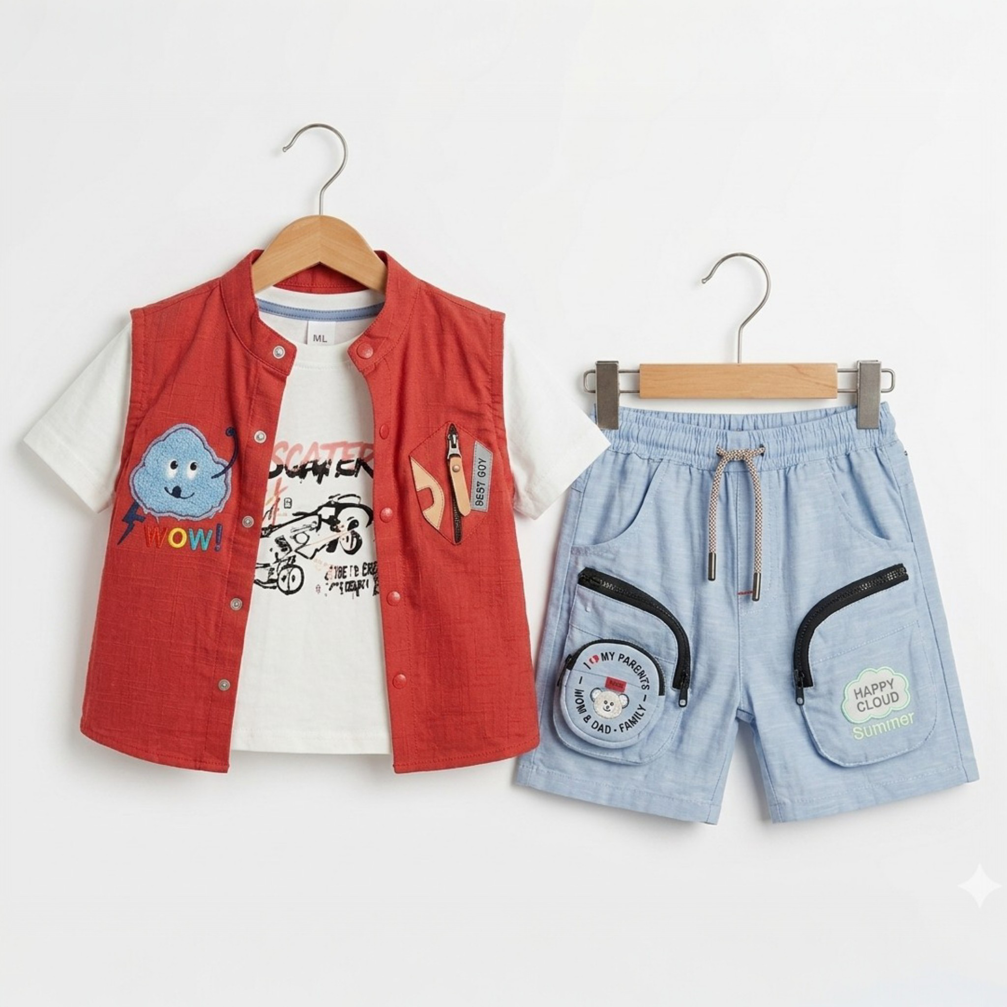 Children's clothing set with red vest, white shirt, and blue shorts on hangers against a white background.