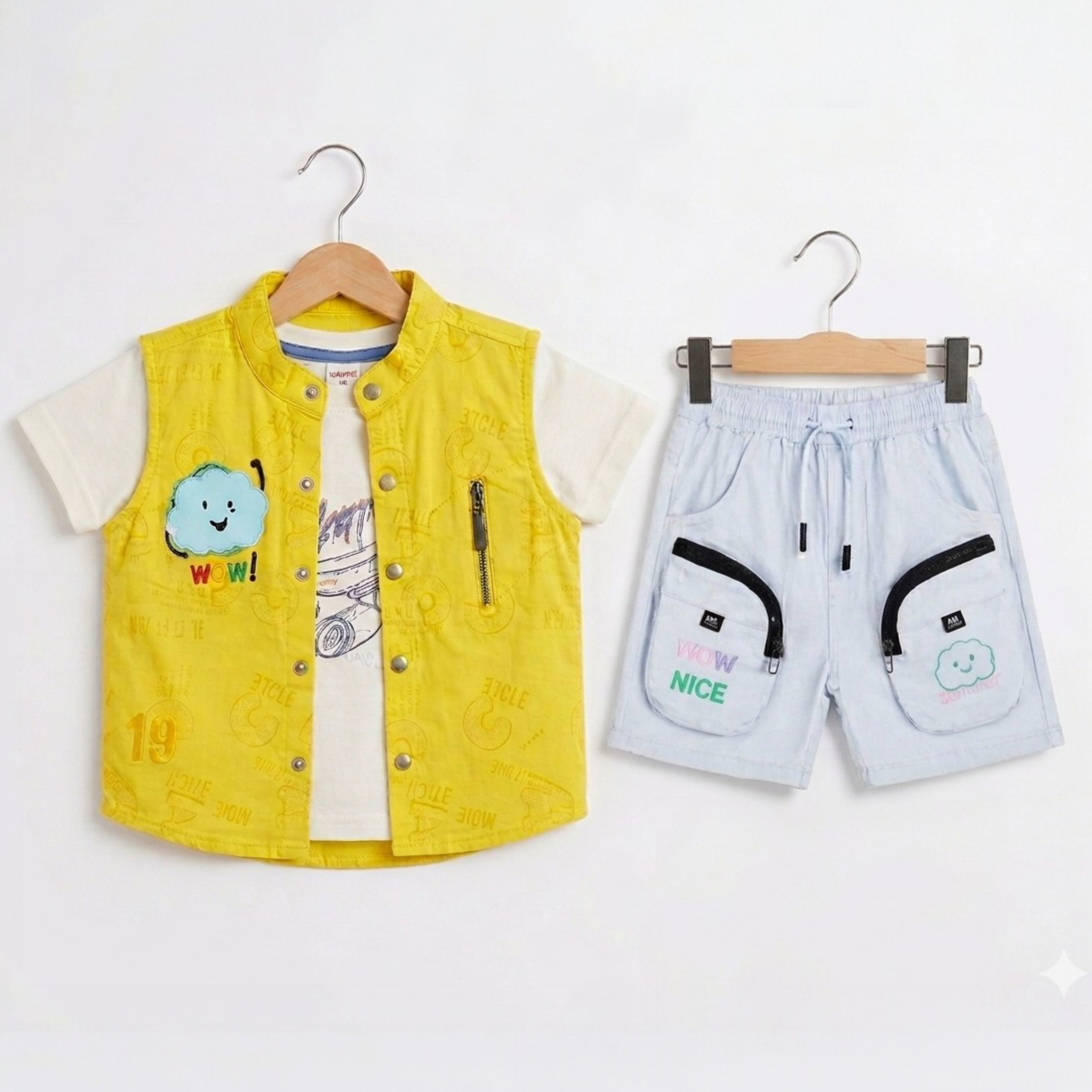 Children's yellow vest and light blue shorts with cartoon designs on hangers against a white background
