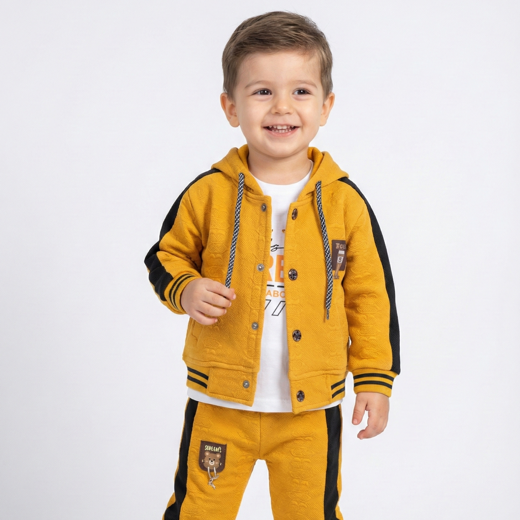 Stylish kids 3-piece hooded tracksuit set with jacket, trousers, and inner t-shirt.