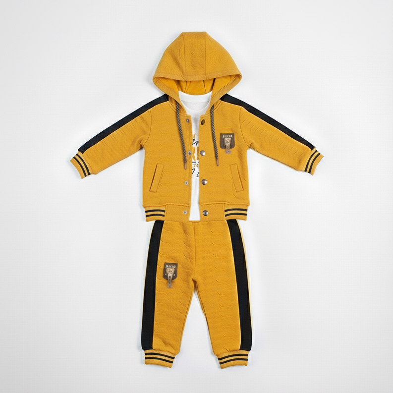 Stylish kids 3-piece hooded tracksuit set with jacket, trousers, and inner t-shirt.