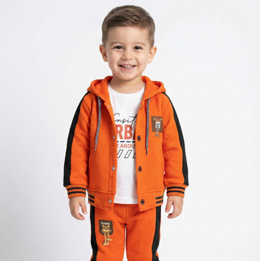 Stylish kids 3-piece hooded tracksuit set with jacket, trousers, and inner t-shirt.