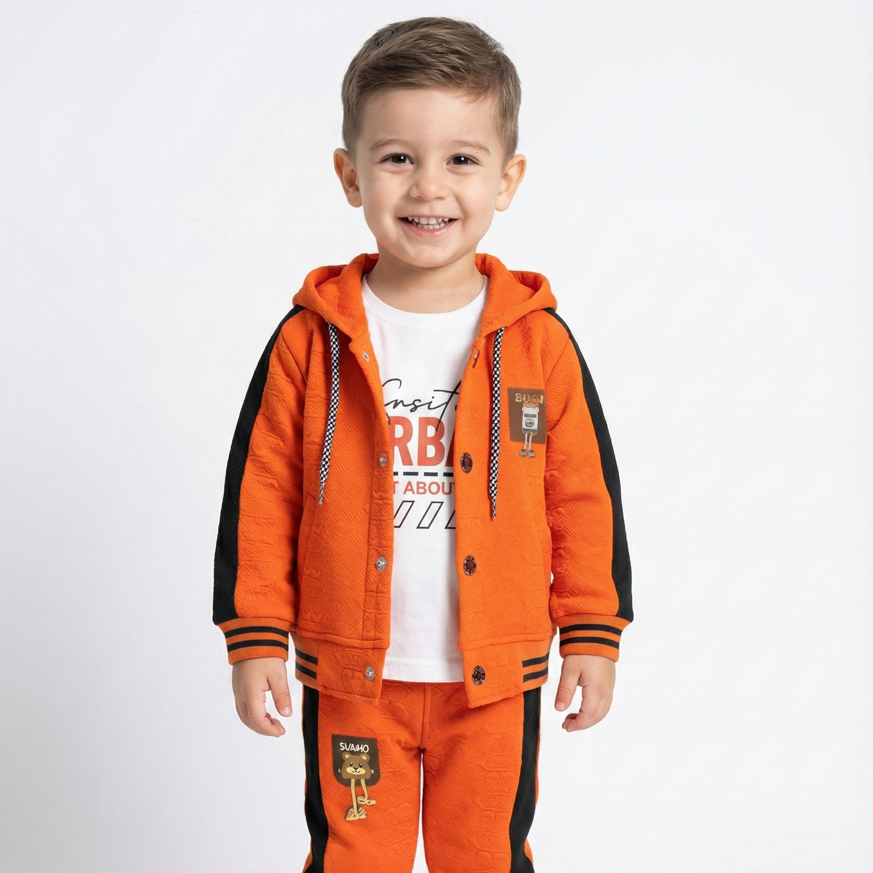 Stylish kids 3-piece hooded tracksuit set with jacket, trousers, and inner t-shirt.