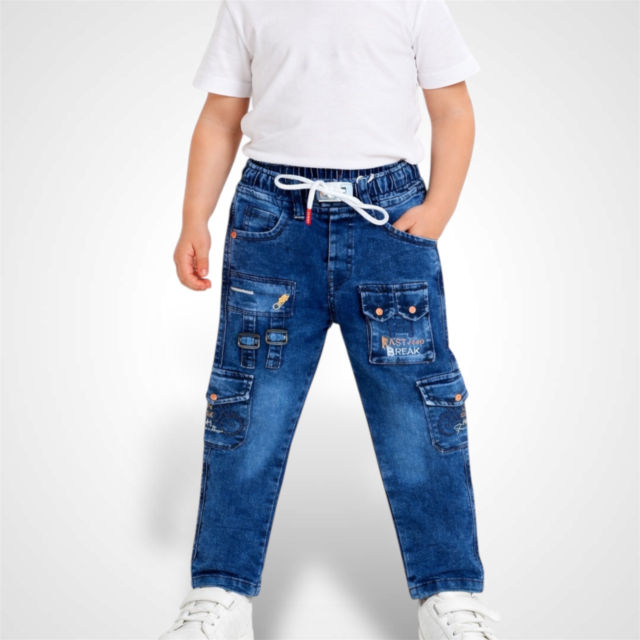 Kids' premium 6-pocket joggers with a stylish utility design and adjustable drawstring waist.
