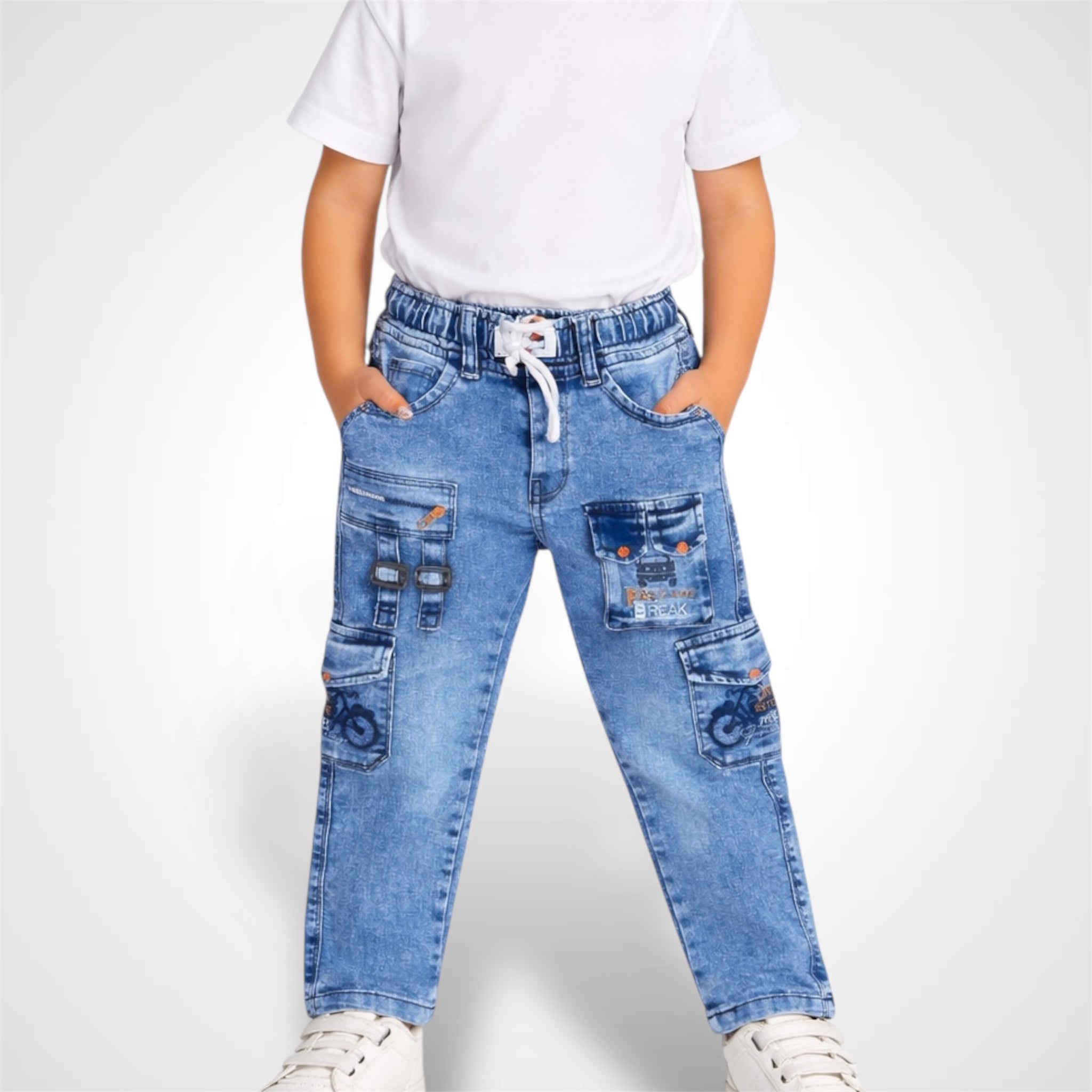 Kids' premium 6-pocket joggers with a stylish utility design and adjustable drawstring waist.