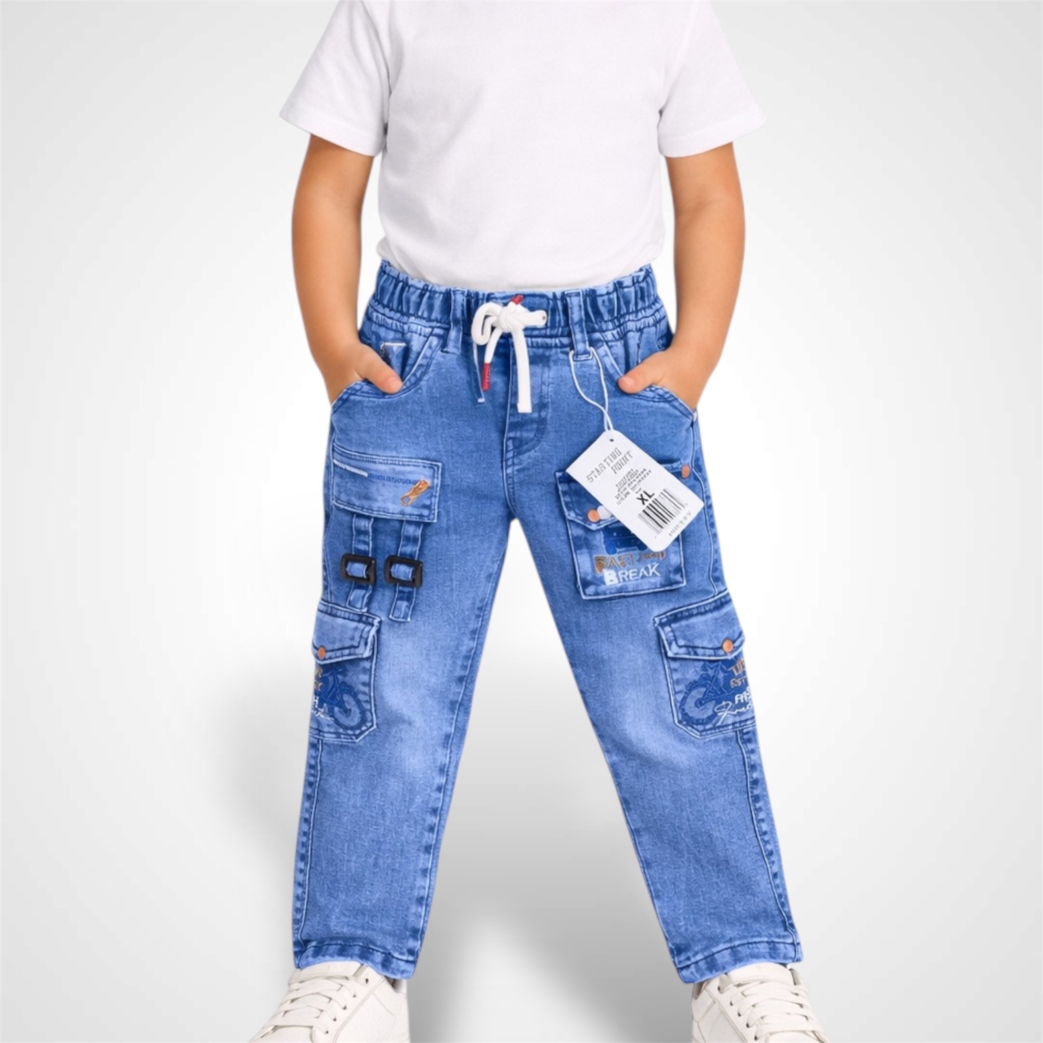 Kids' premium 6-pocket joggers with a stylish utility design and adjustable drawstring waist.