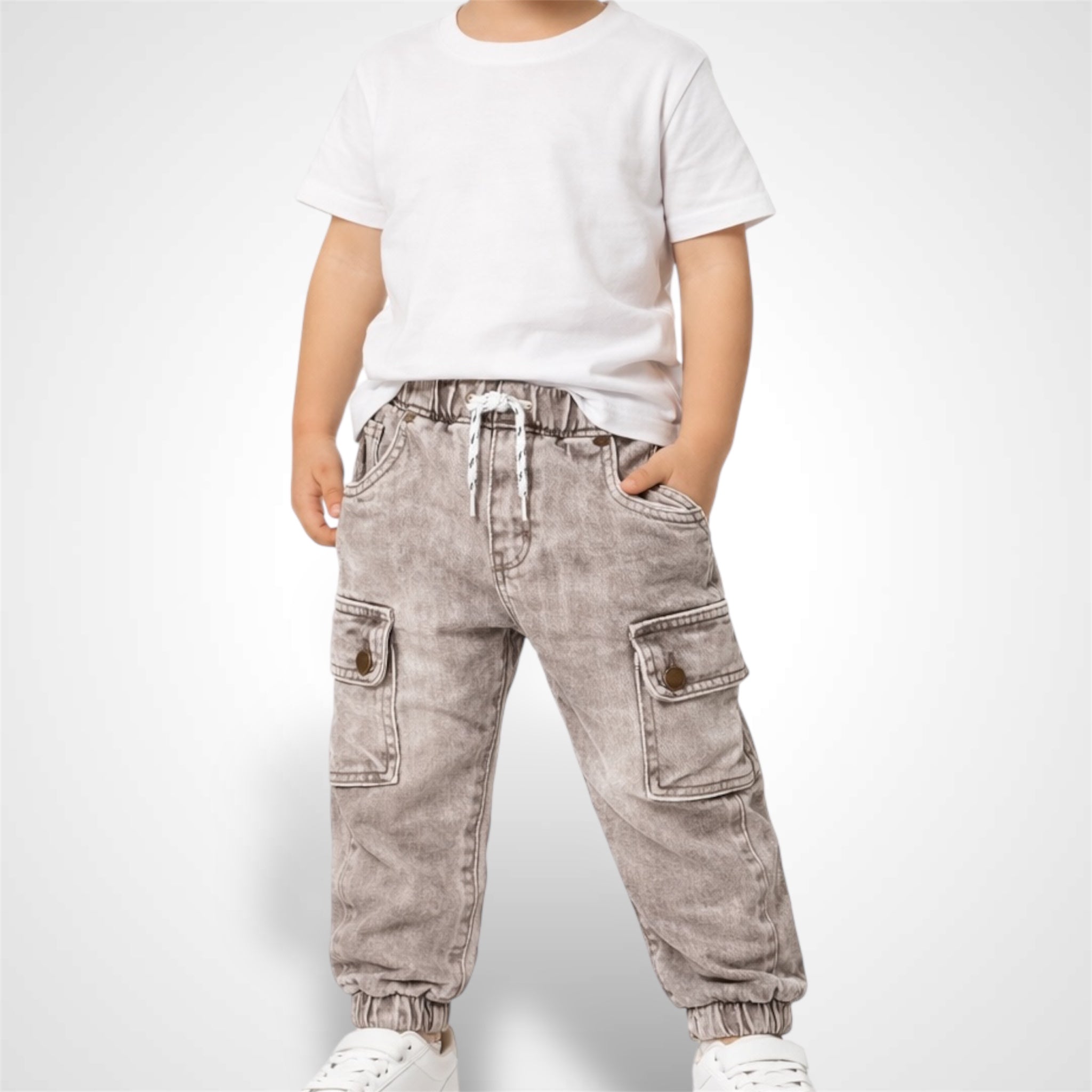 Kids' 6-pocket utility cargo joggers with elastic waistband and adjustable drawstring random brown.
