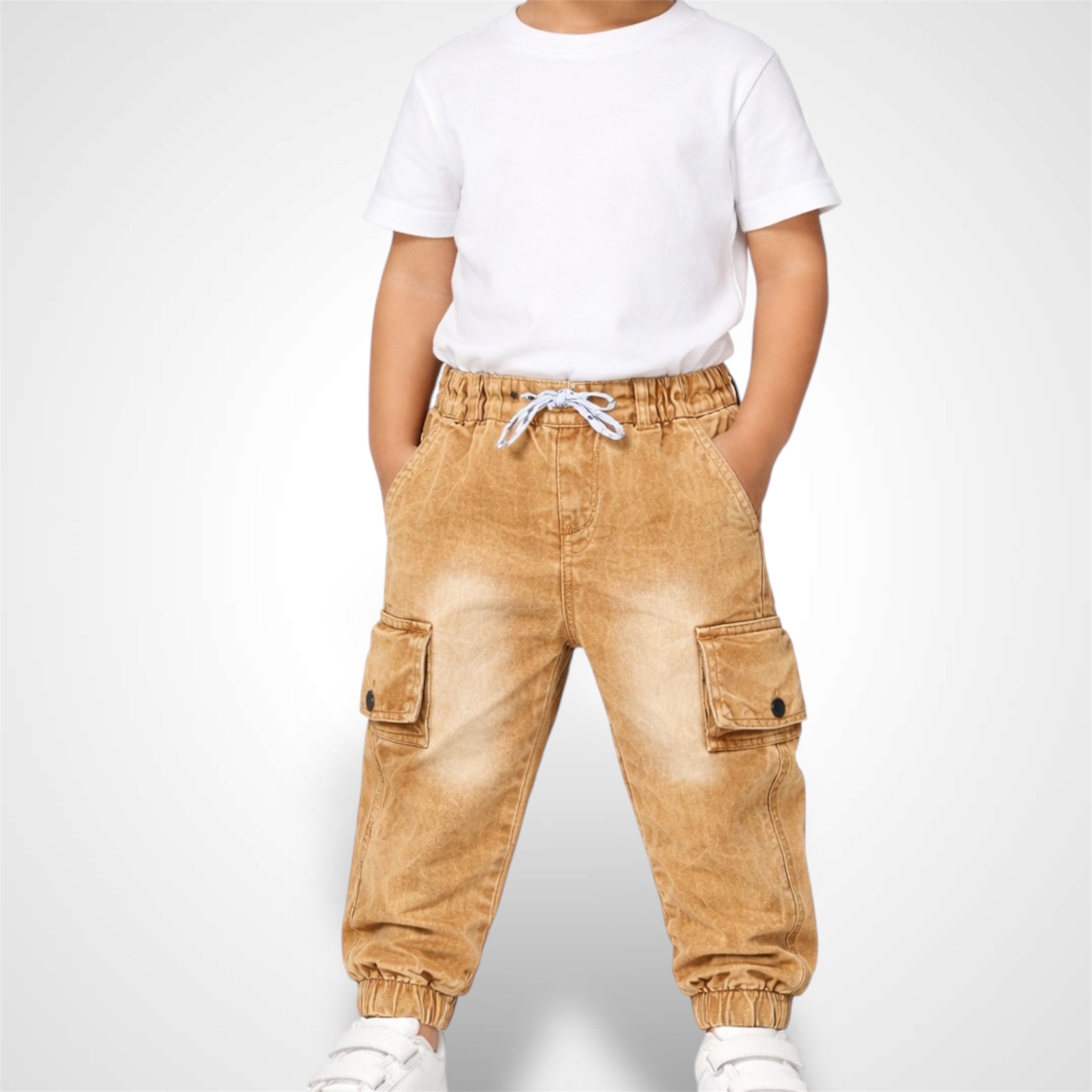 Kids' 6-pocket utility cargo joggers with elastic waistband and adjustable drawstring camel.