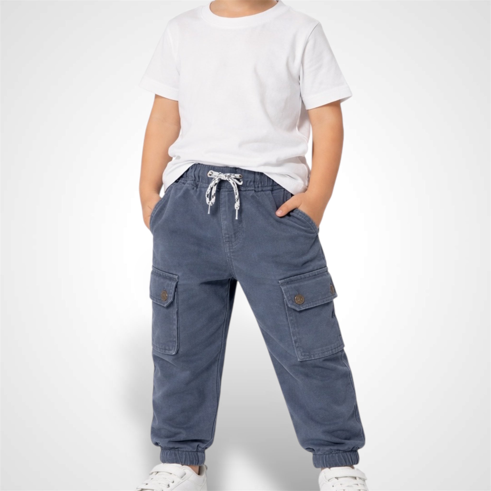 Kids' 6-pocket utility cargo joggers with elastic waistband and adjustable drawstring gray.