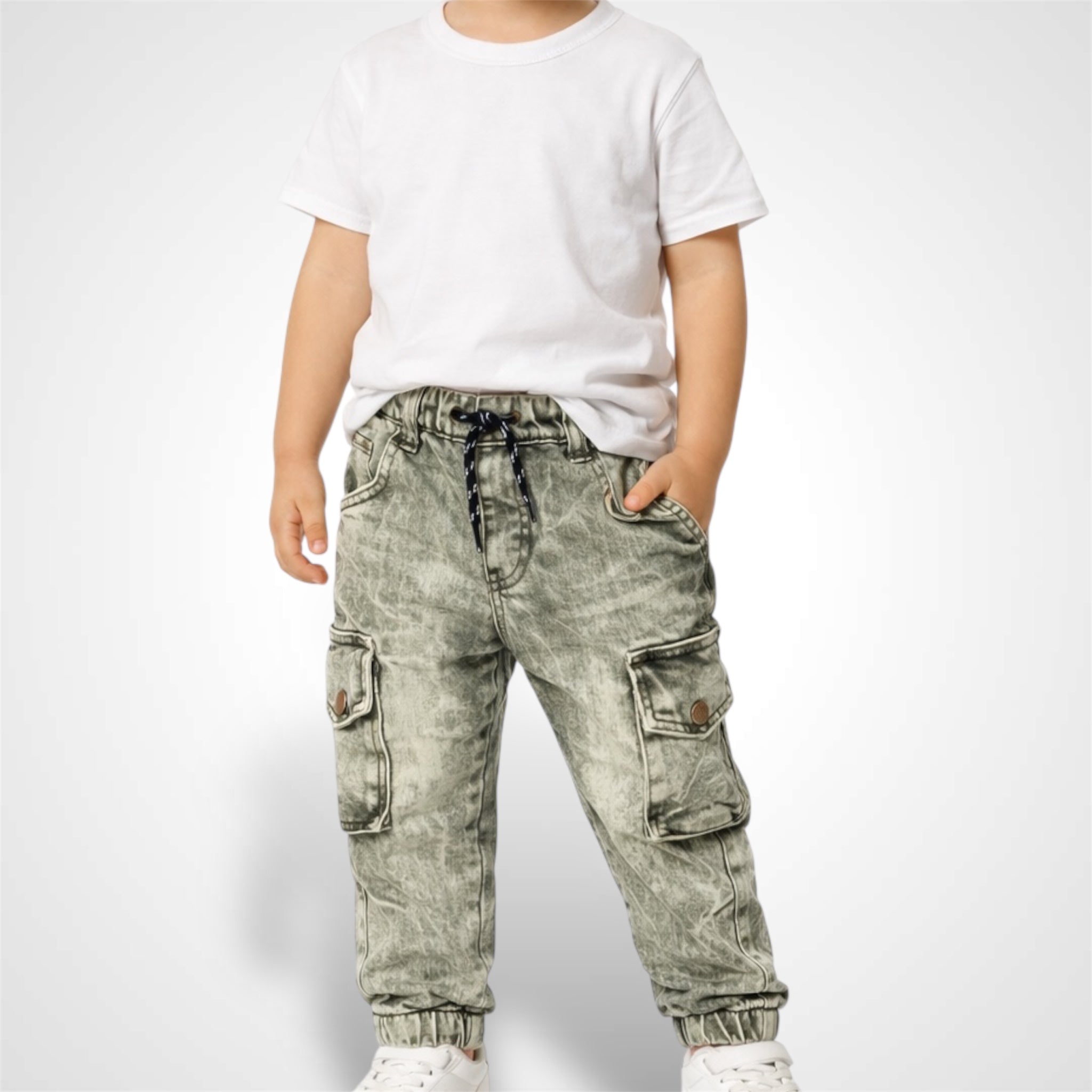 Kids' 6-pocket utility cargo joggers with elastic waistband and adjustable drawstring green.