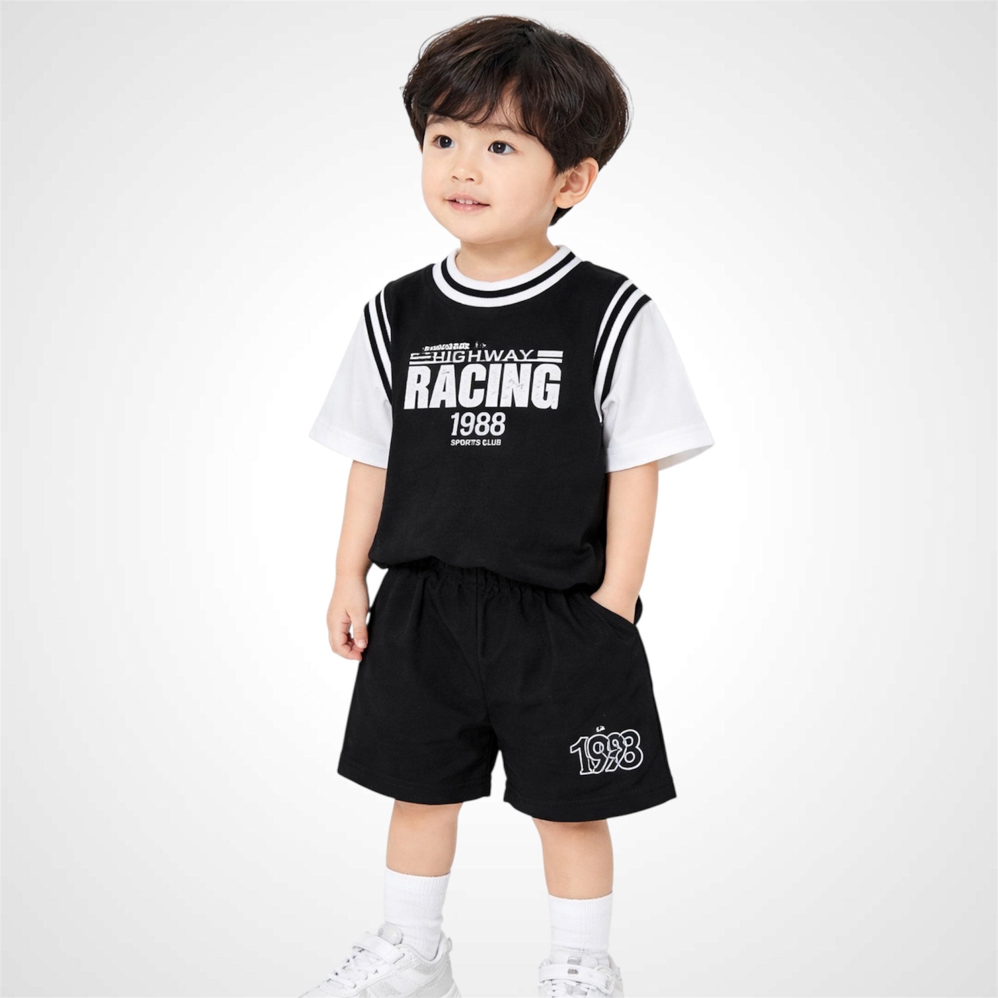 Kids' Athletic Racing Graphic T-Shirt & Shorts Two-Piece Summer Set