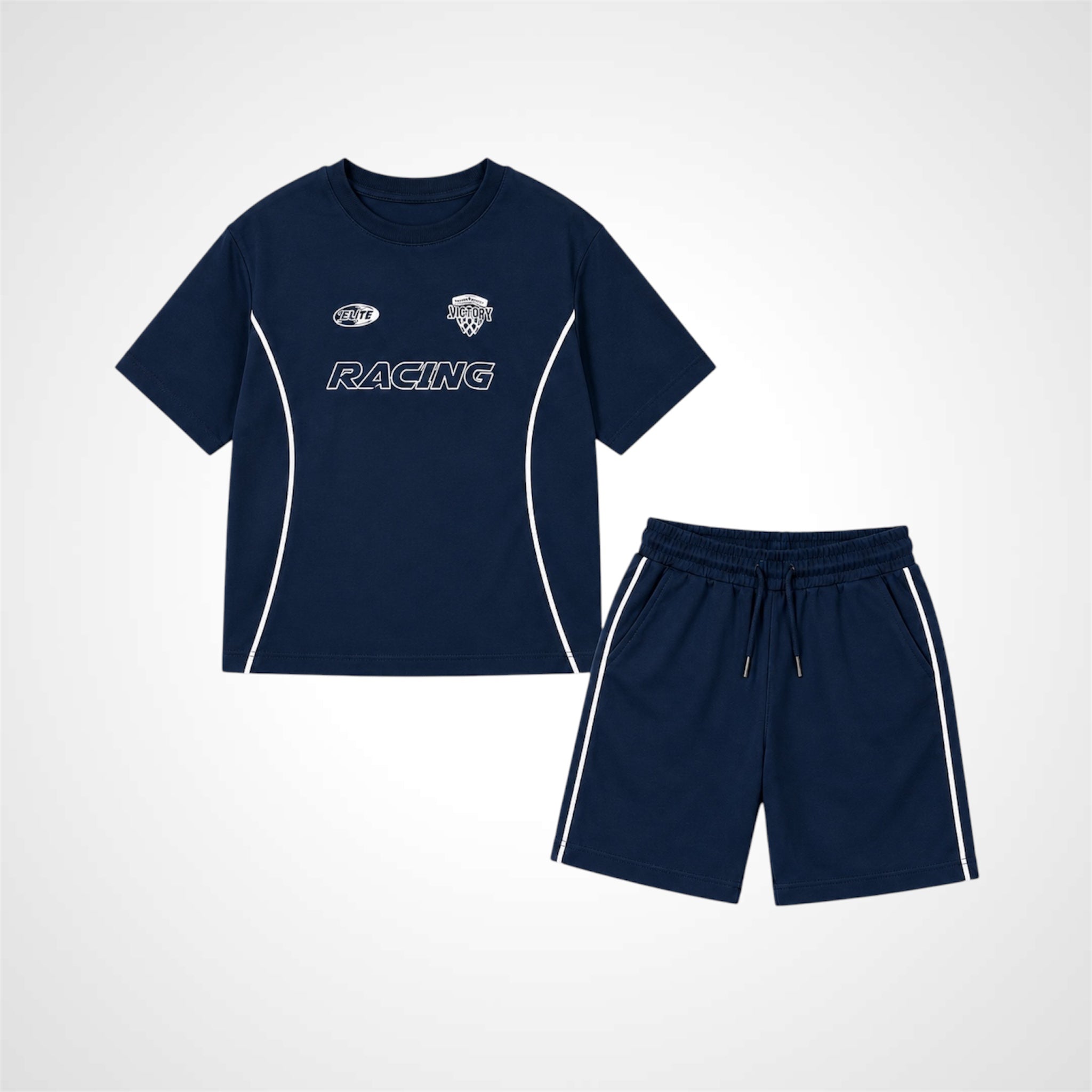 Navy blue sports outfit with 'Racing' text on a white background