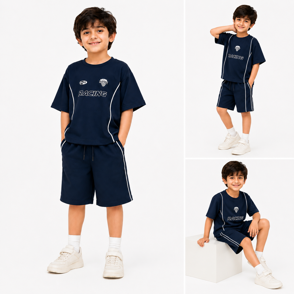 Collage of a child wearing a navy blue sports outfit with white accents on a white background.