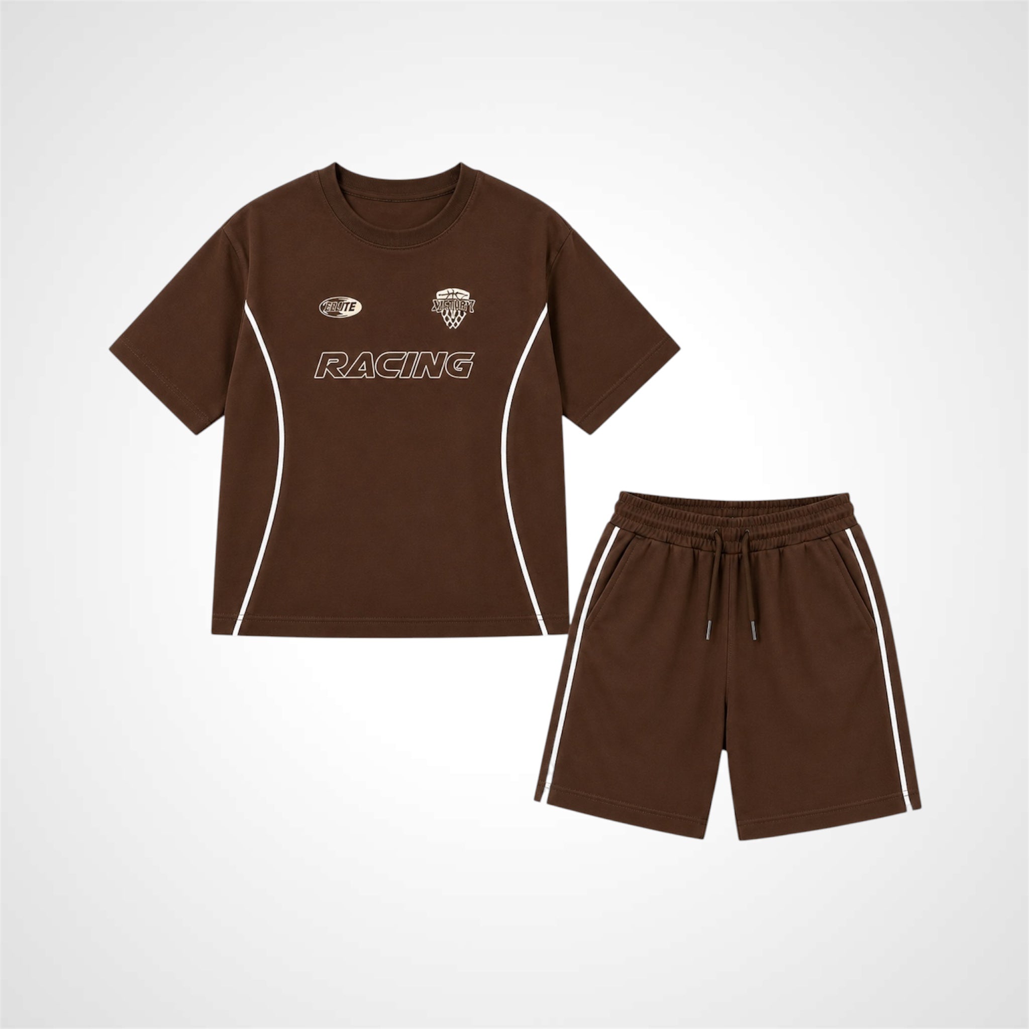 Brown racing-themed t-shirt and shorts set on a white background