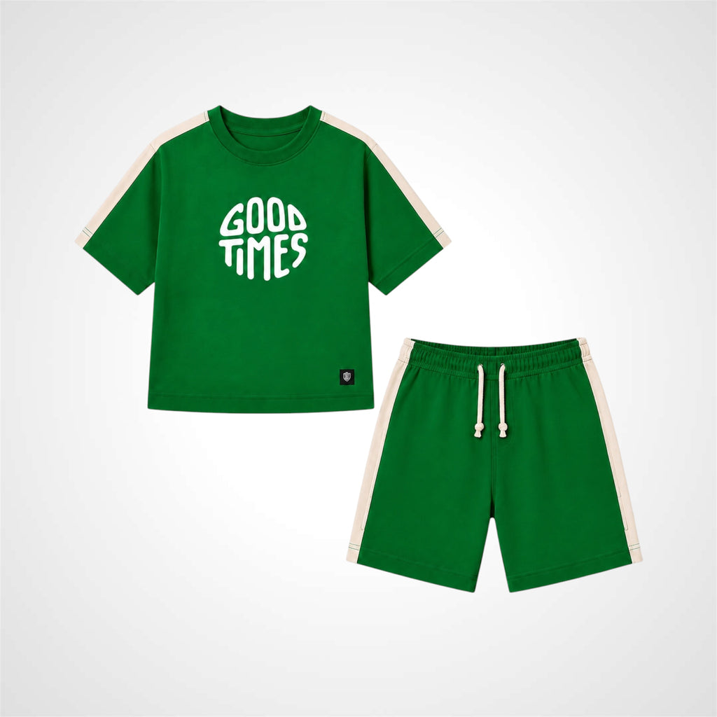 Green 'Good Times' t-shirt and shorts set on a white background