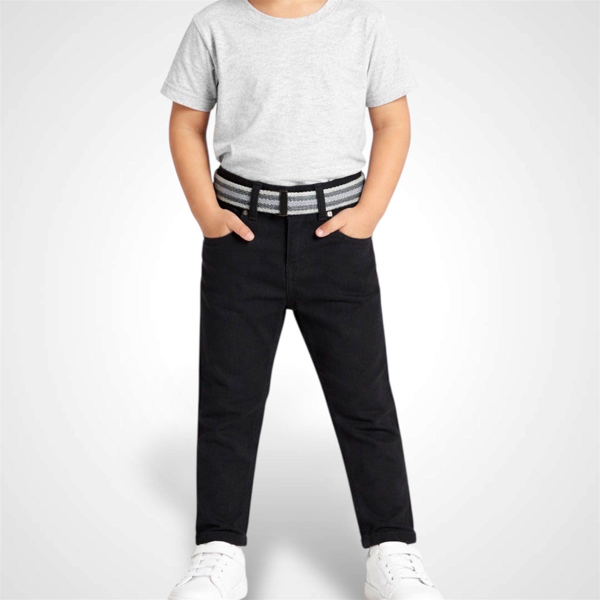 Kids' straight-fit casual pants featuring a striped adjustable belt and classic five-pocket styling for a smart-urban look