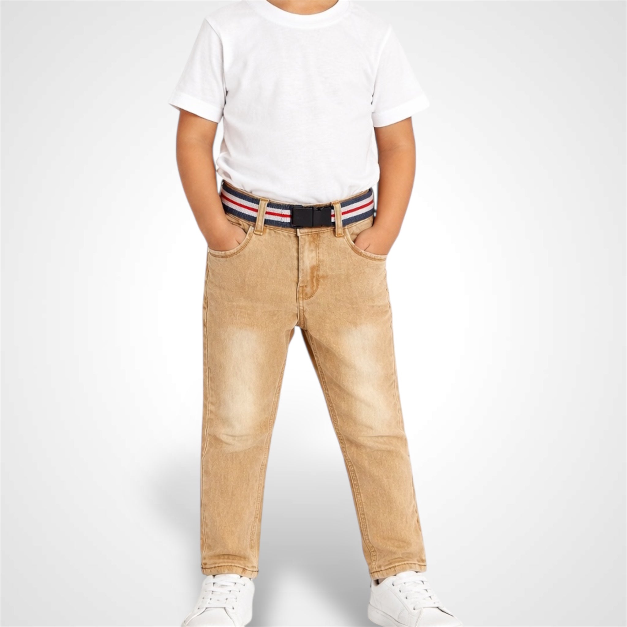 Kids' straight-fit casual pants featuring a striped adjustable belt and classic five-pocket styling for a smart-urban look random camel