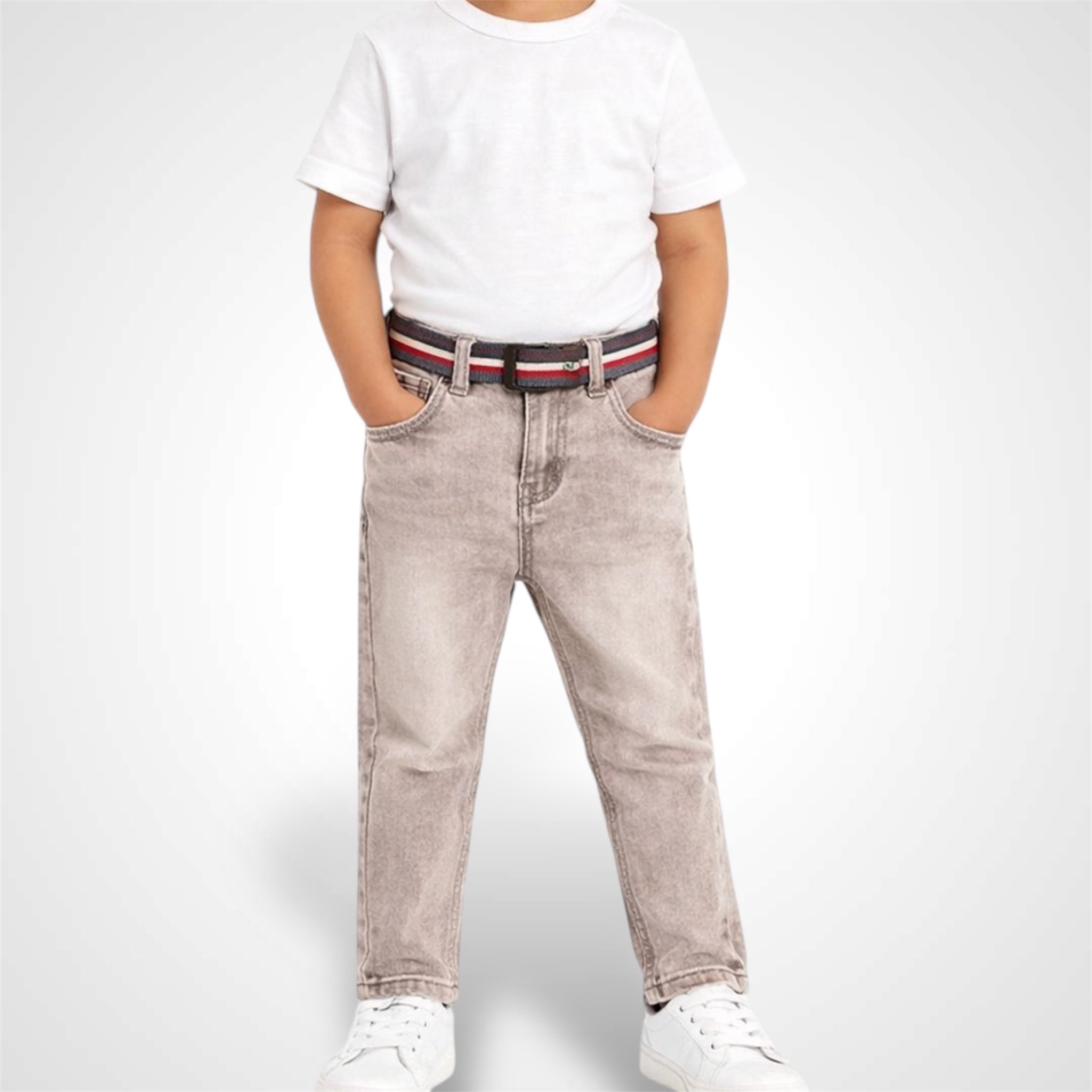 Kids' straight-fit casual pants featuring a striped adjustable belt and classic five-pocket styling for a smart-urban look random brown.