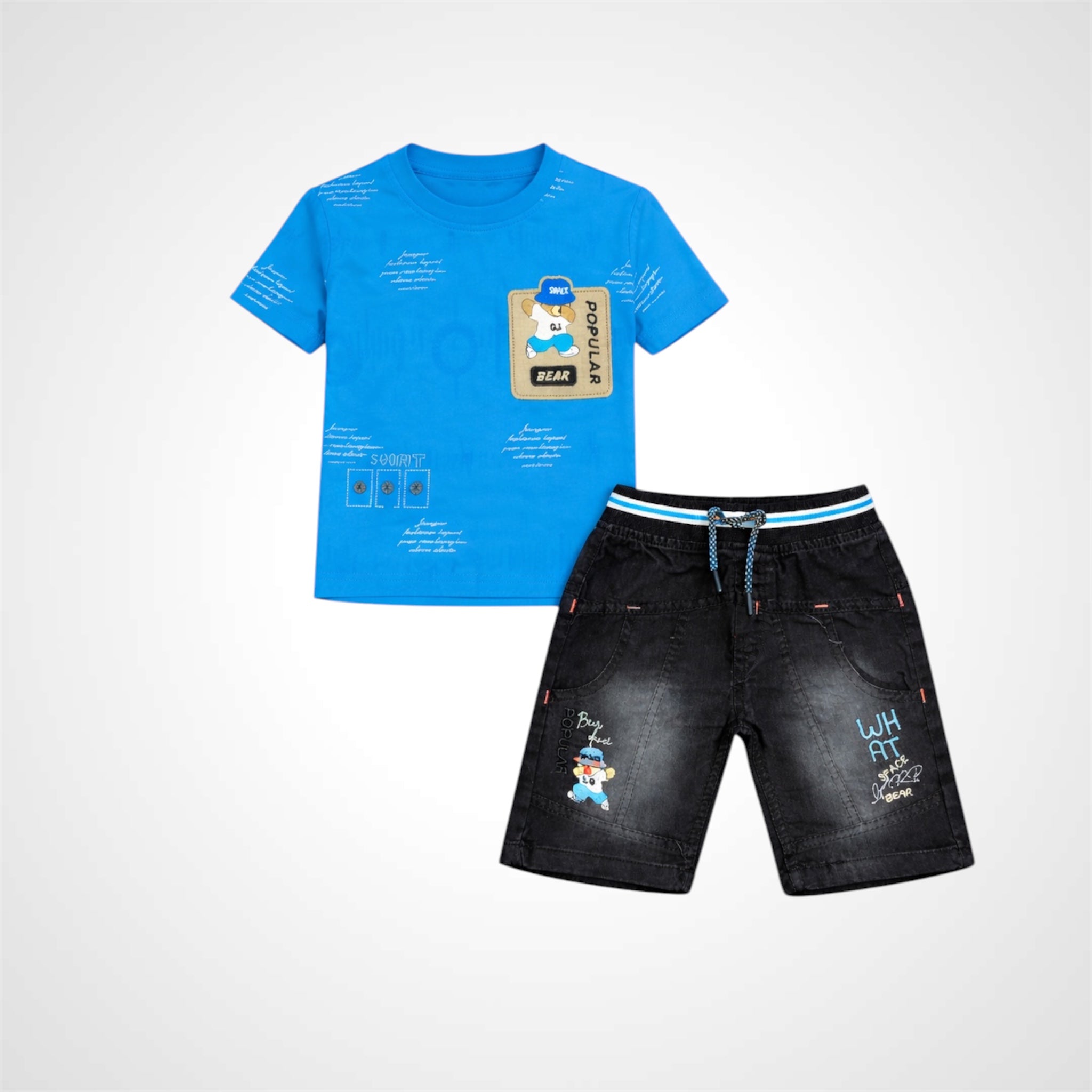 Blue t-shirt and black shorts with cartoon bear design on a white background