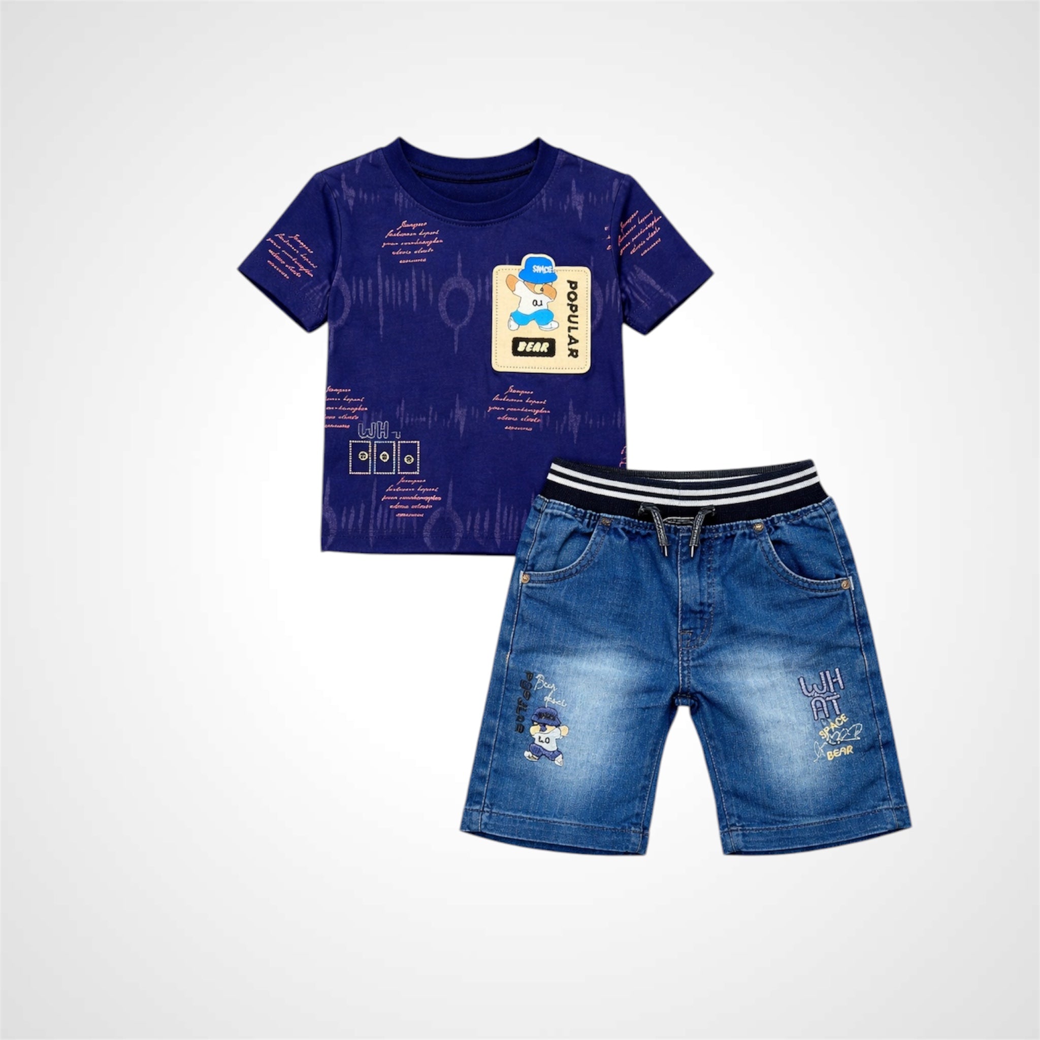 Children's outfit with purple t-shirt and blue shorts on a white background