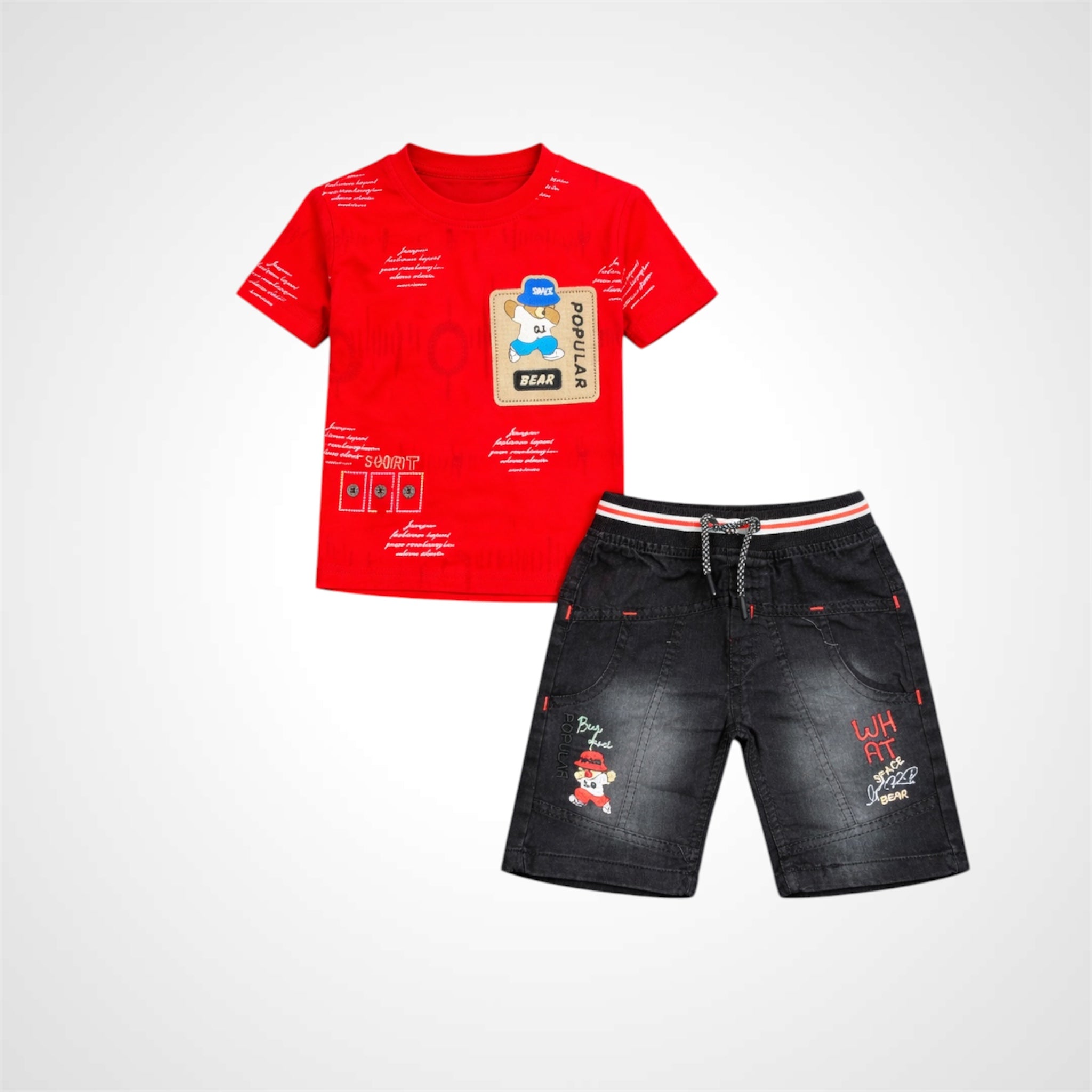 Red t-shirt and black shorts with graphic designs on a white background