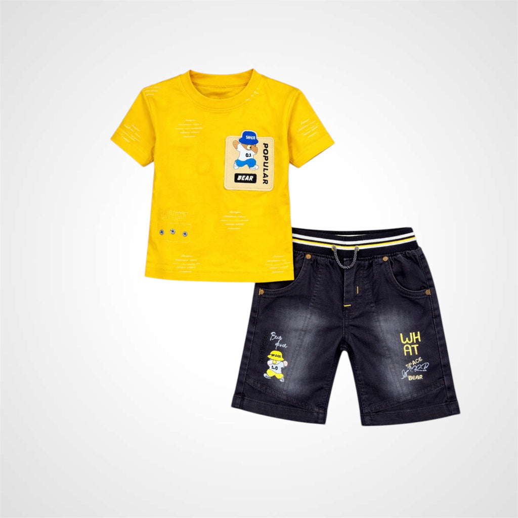 Yellow t-shirt and black shorts with cartoon character design on a white background