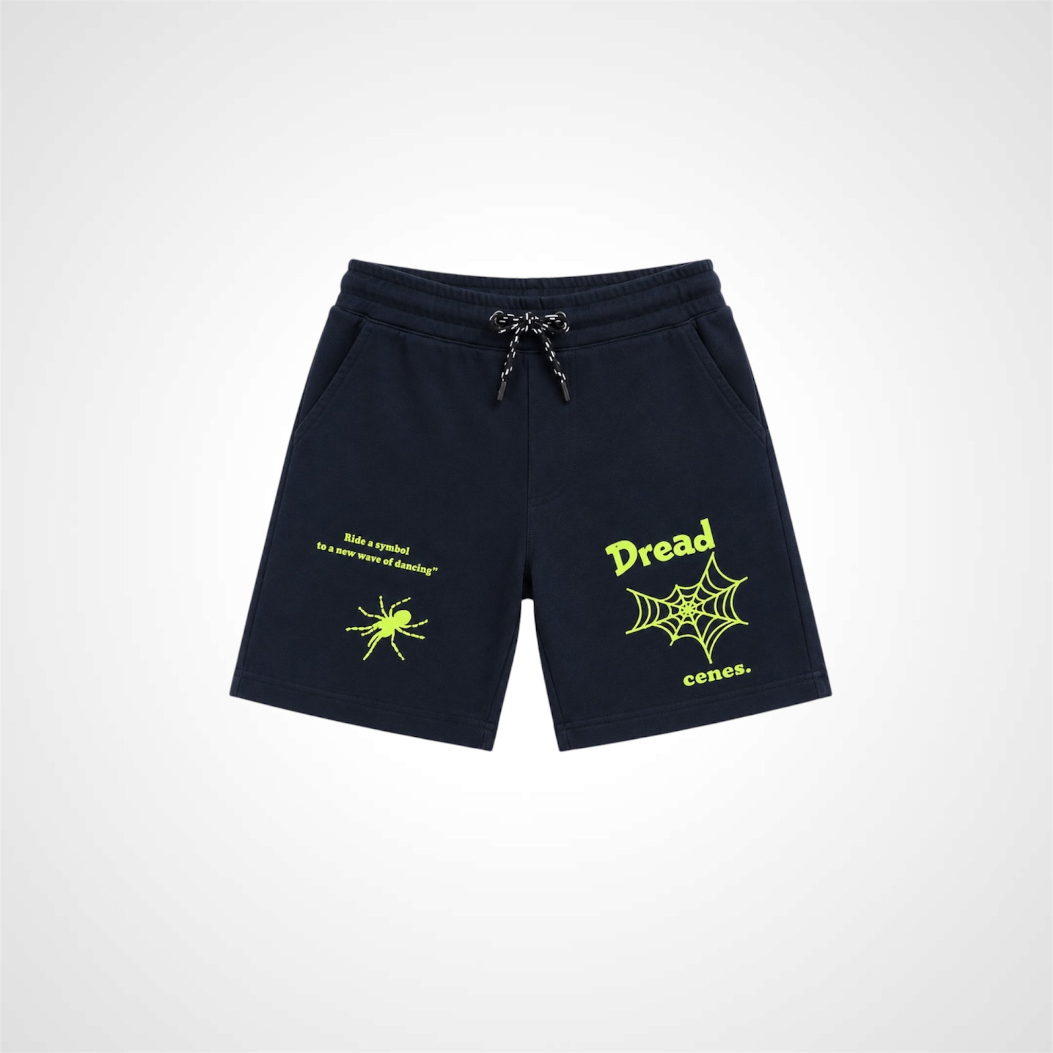 Black shorts with yellow graphics and text on a white background