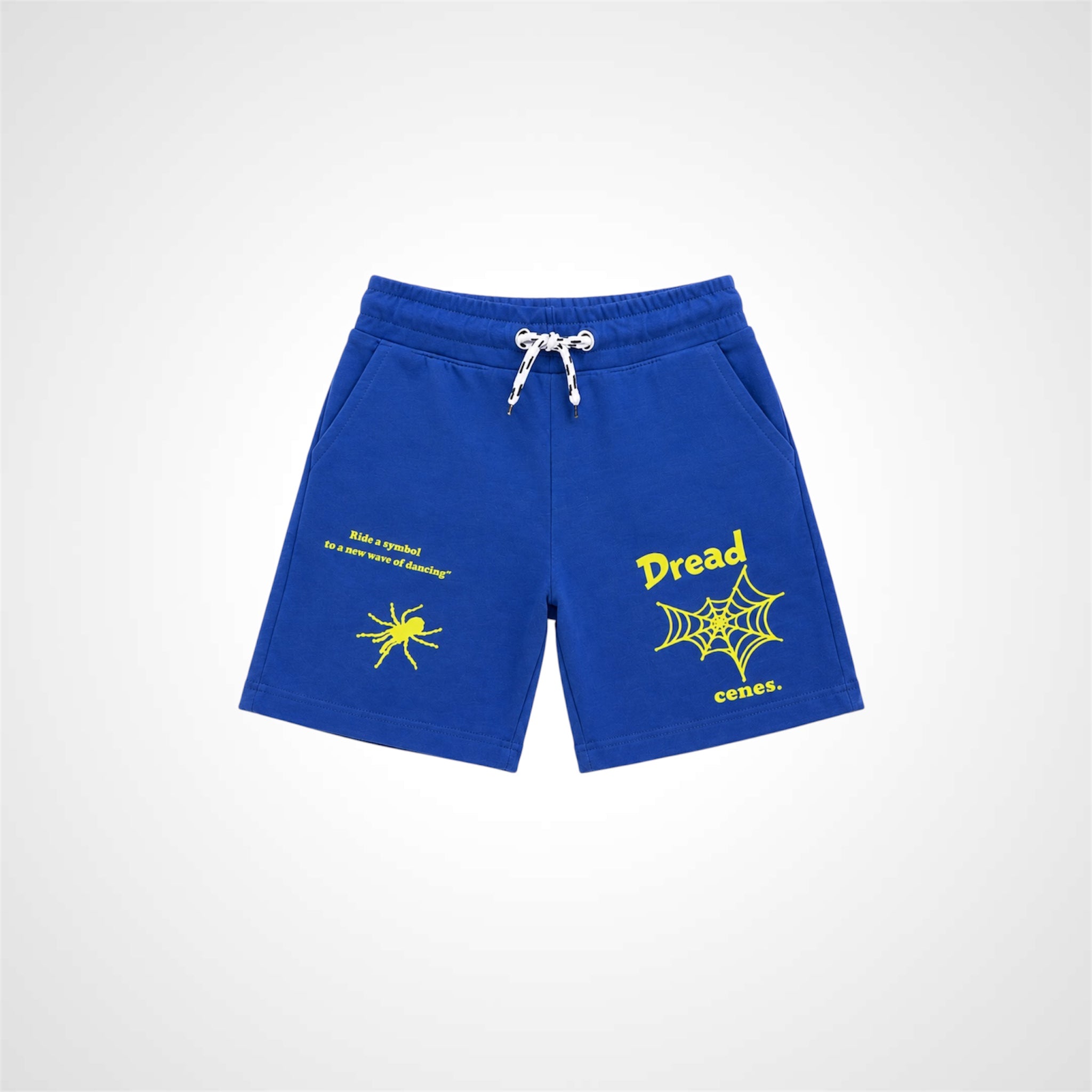Blue shorts with yellow graphics and text on a white background
