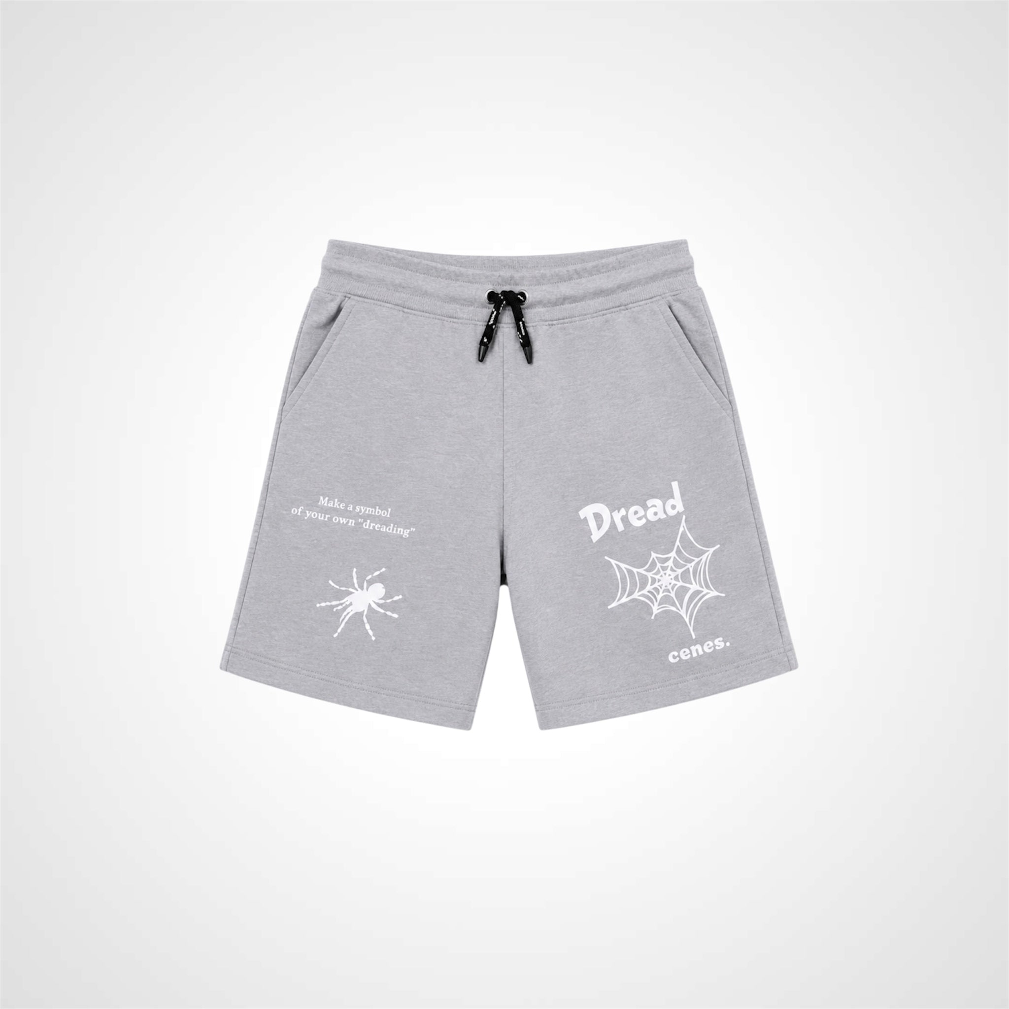Gray shorts with white graphics and text on a white background