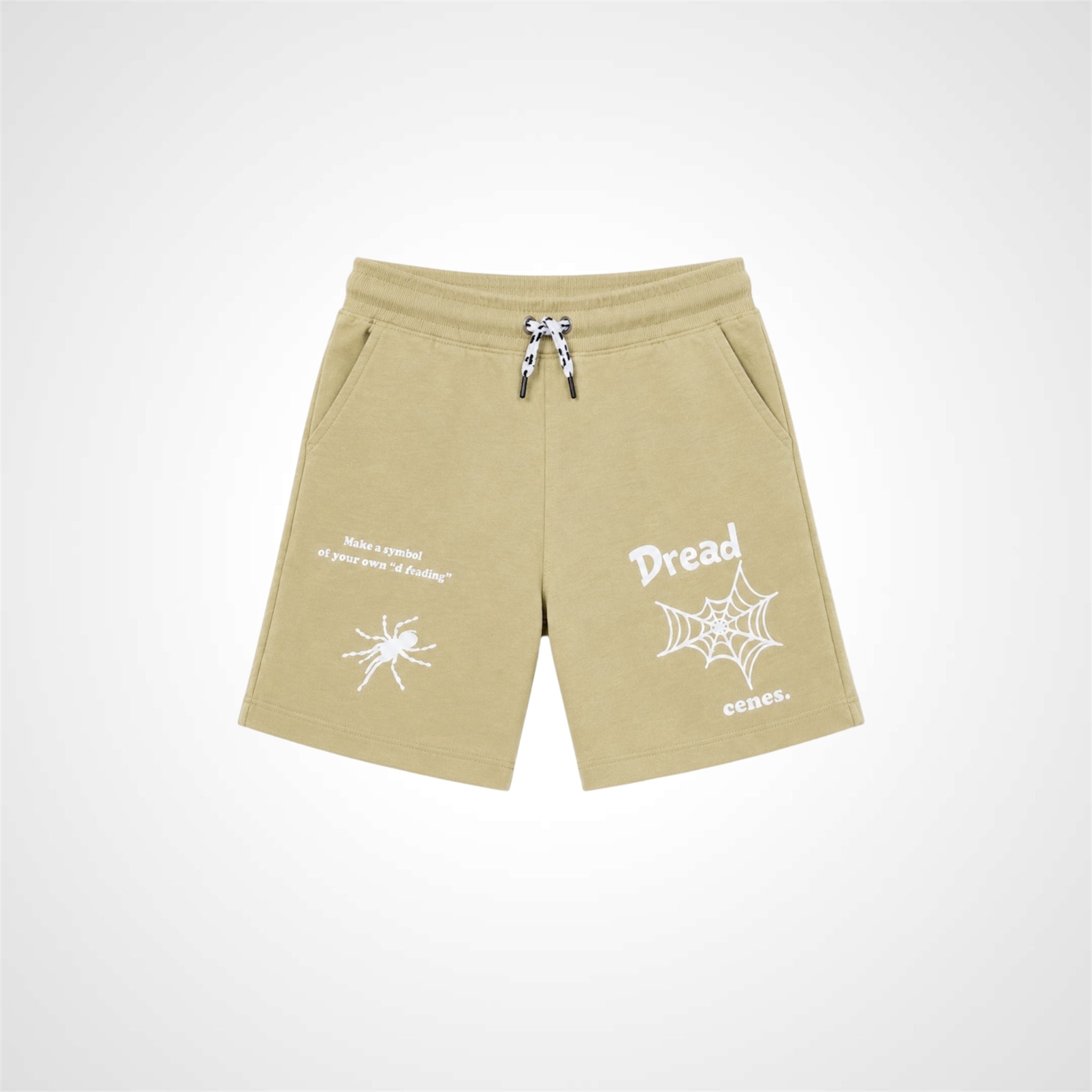 Beige shorts with white graphics and text on a light gray background