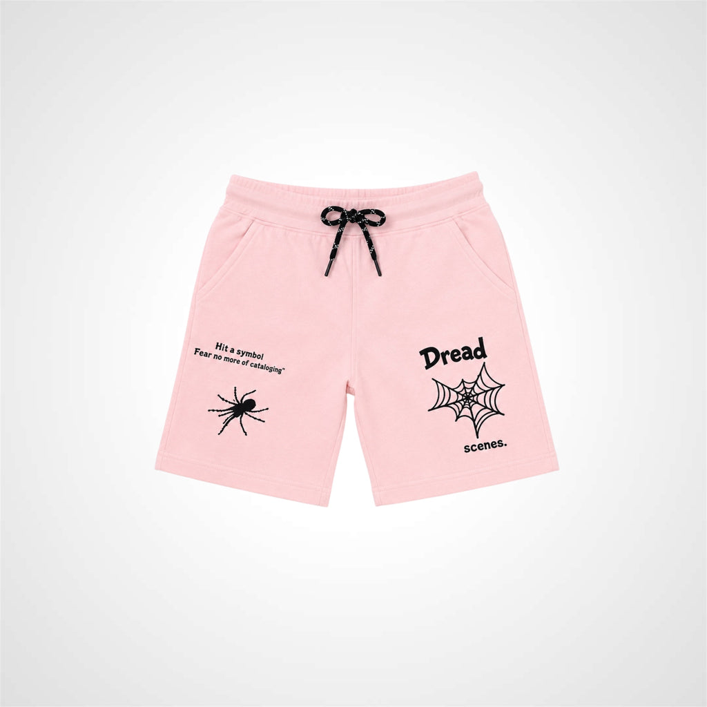 Pink shorts with black text and graphics on a white background