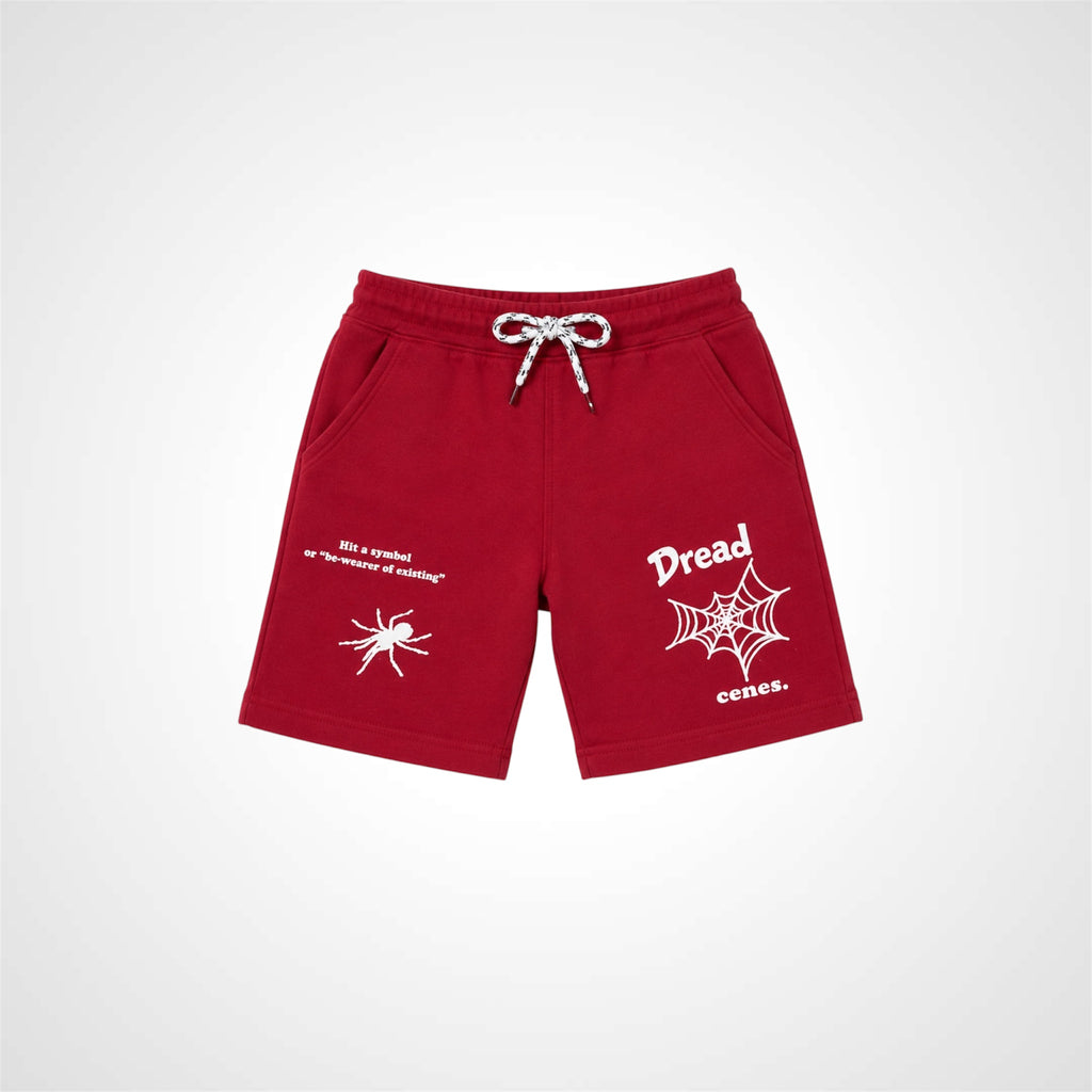 Red shorts with white graphics and text on a white background