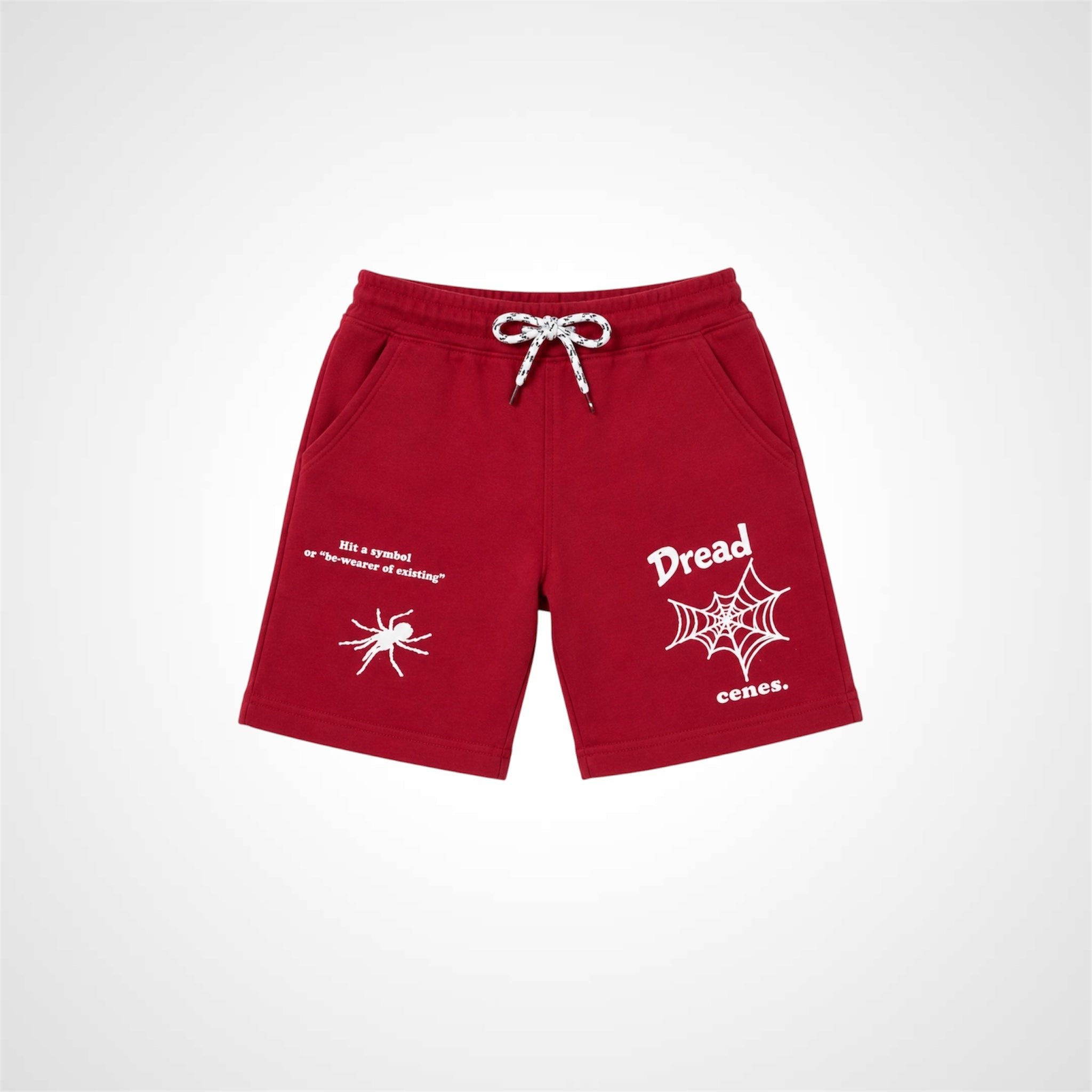 Red shorts with white graphics and text on a white background