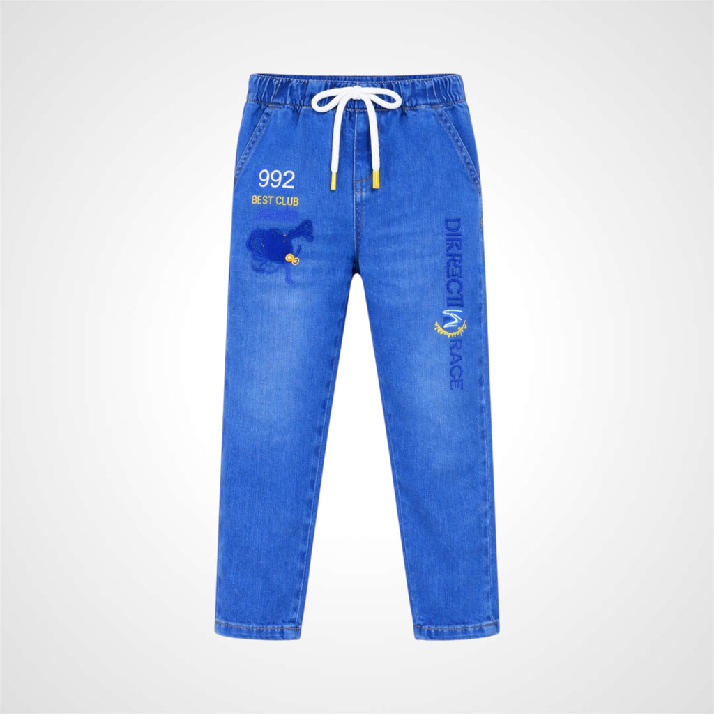 Kids comfort-fit denim joggers with adjustable drawstring waist and graphic embroidery 1.