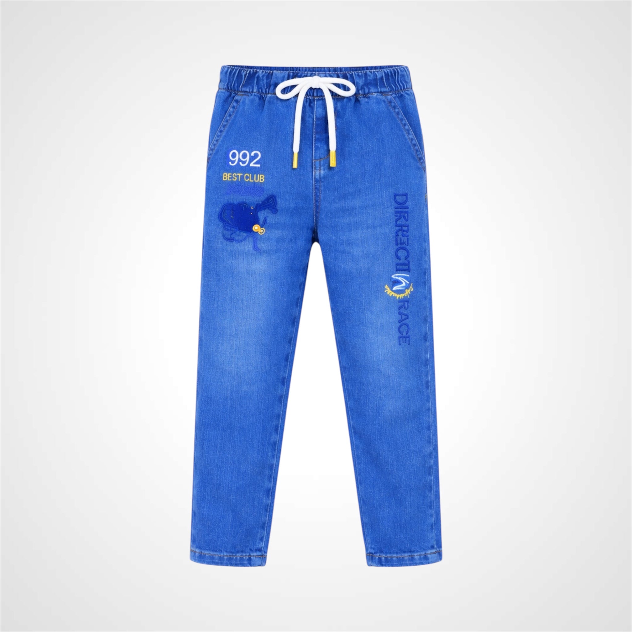Kids comfort-fit denim joggers with adjustable drawstring waist and graphic embroidery 1.