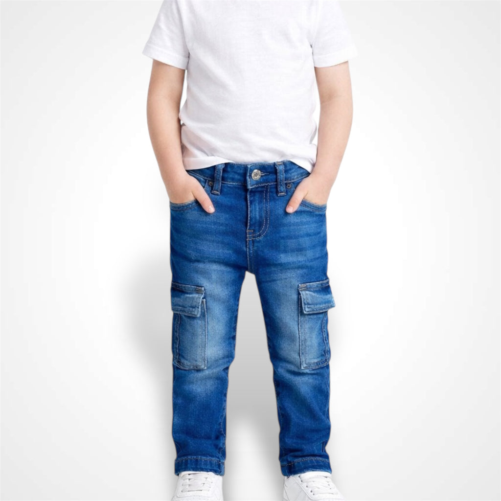 Kids comfortable fit soft stretchable cargo denim pant with side pockets