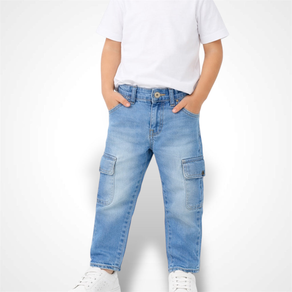 Kids comfortable fit soft stretchable cargo denim pant with side pockets