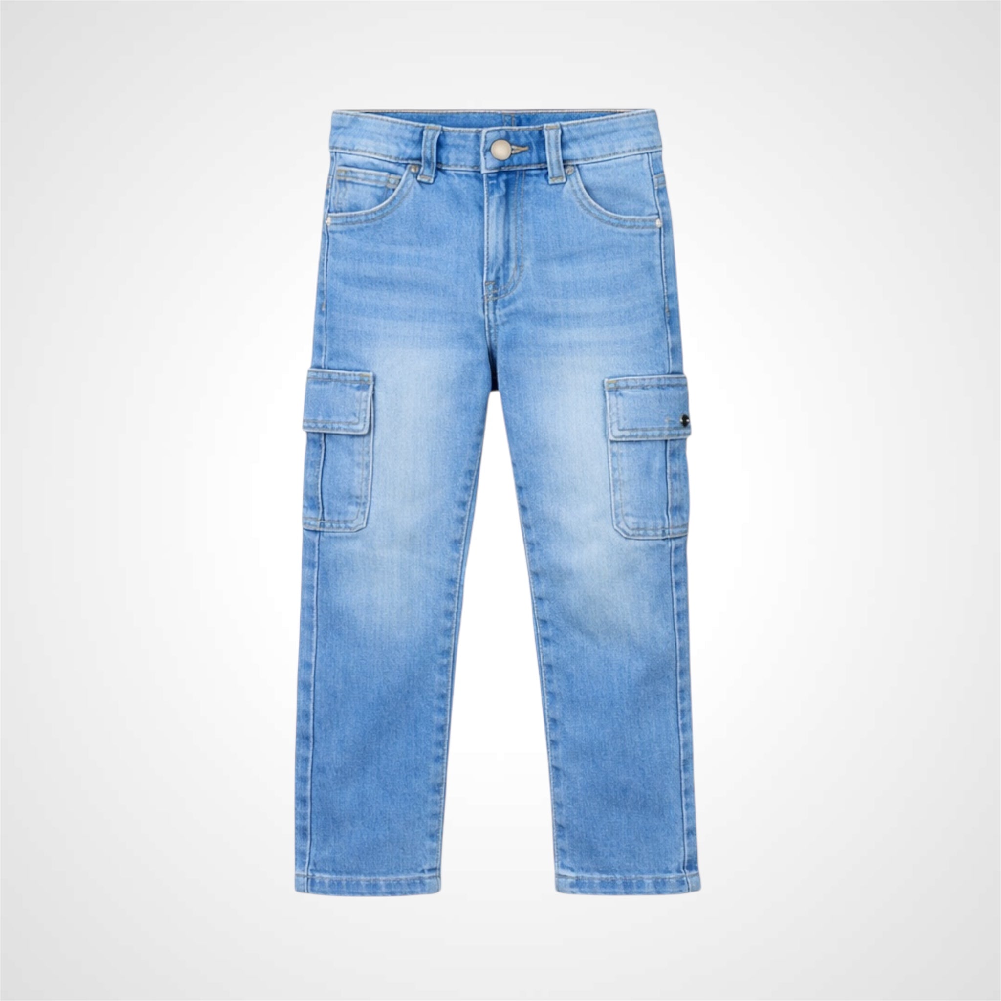 Kids comfortable fit soft stretchable cargo denim pant with side pockets 1