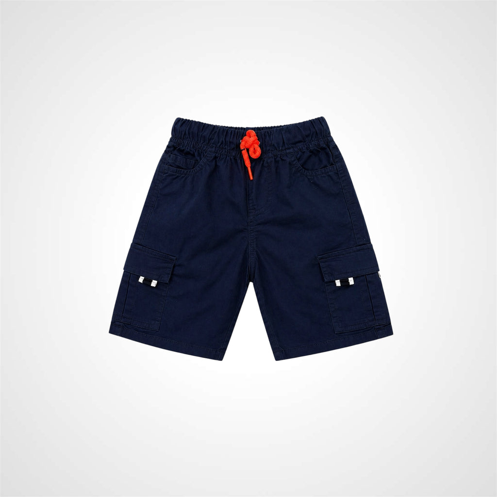Navy blue shorts with a red drawstring on a white background