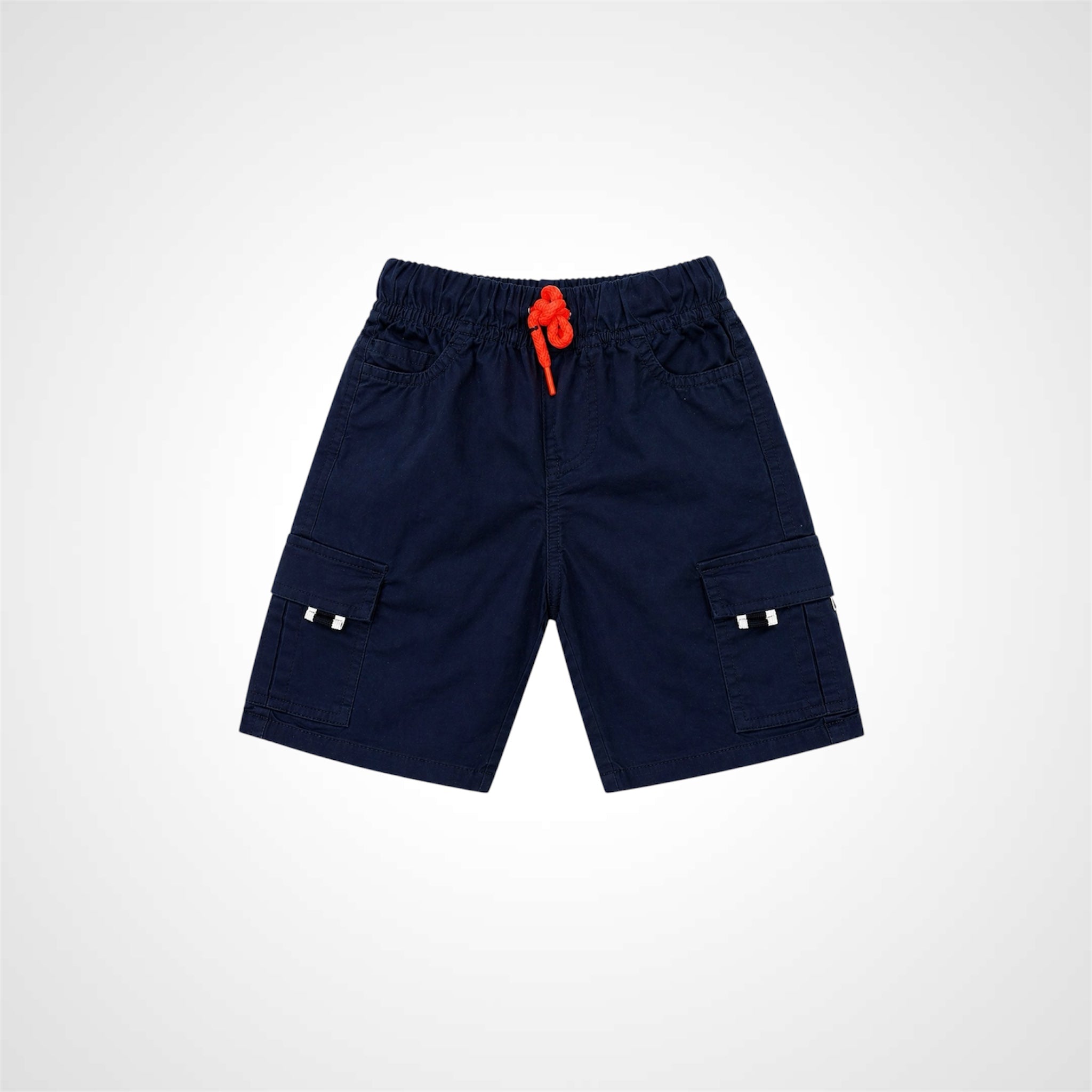 Navy blue shorts with a red drawstring on a white background